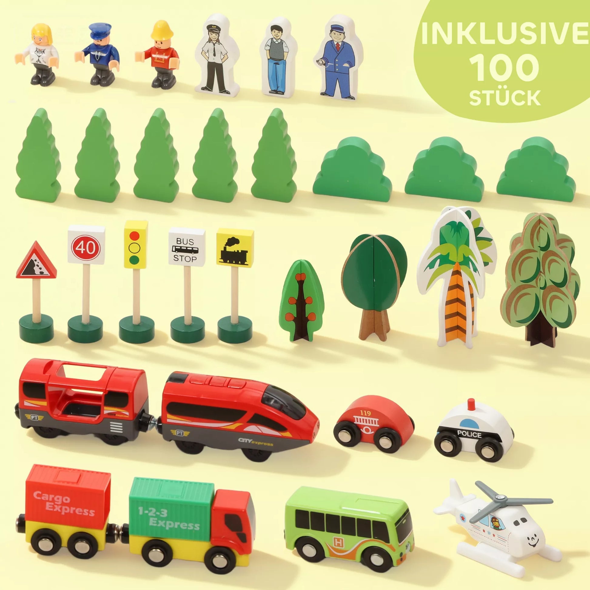 Medinių traukinių rinkinys, 100 dalių, su magnetiniu kranu, buko mediena, spalvotas