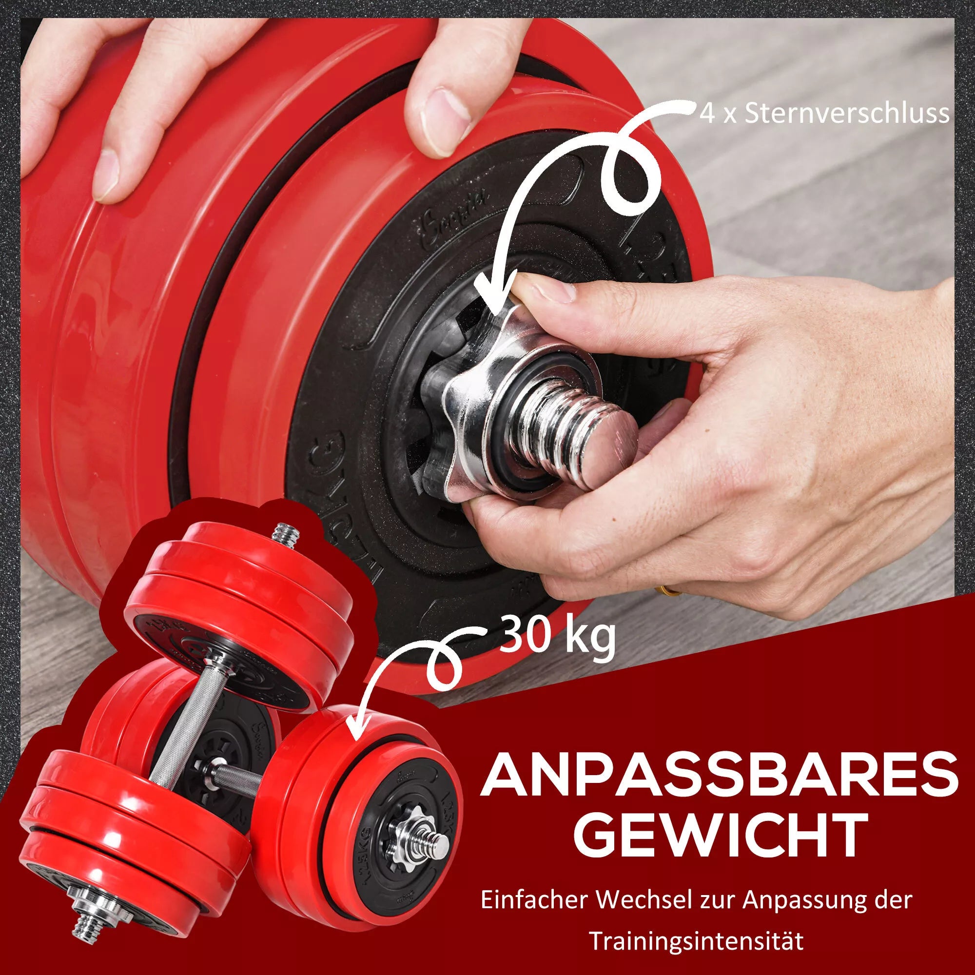 Hantelių rinkinys 20/30 kg 2-IN-1 hanteliai ir štangos; reguliuojami svorio kėlimo įrankiai namams, fitnesui, raumenims, plieniniai, PP plastikiniai, geležiniai, smėlio spalvos, raudoni + juodi, 21,5 x 21,5 x 3,8 cm