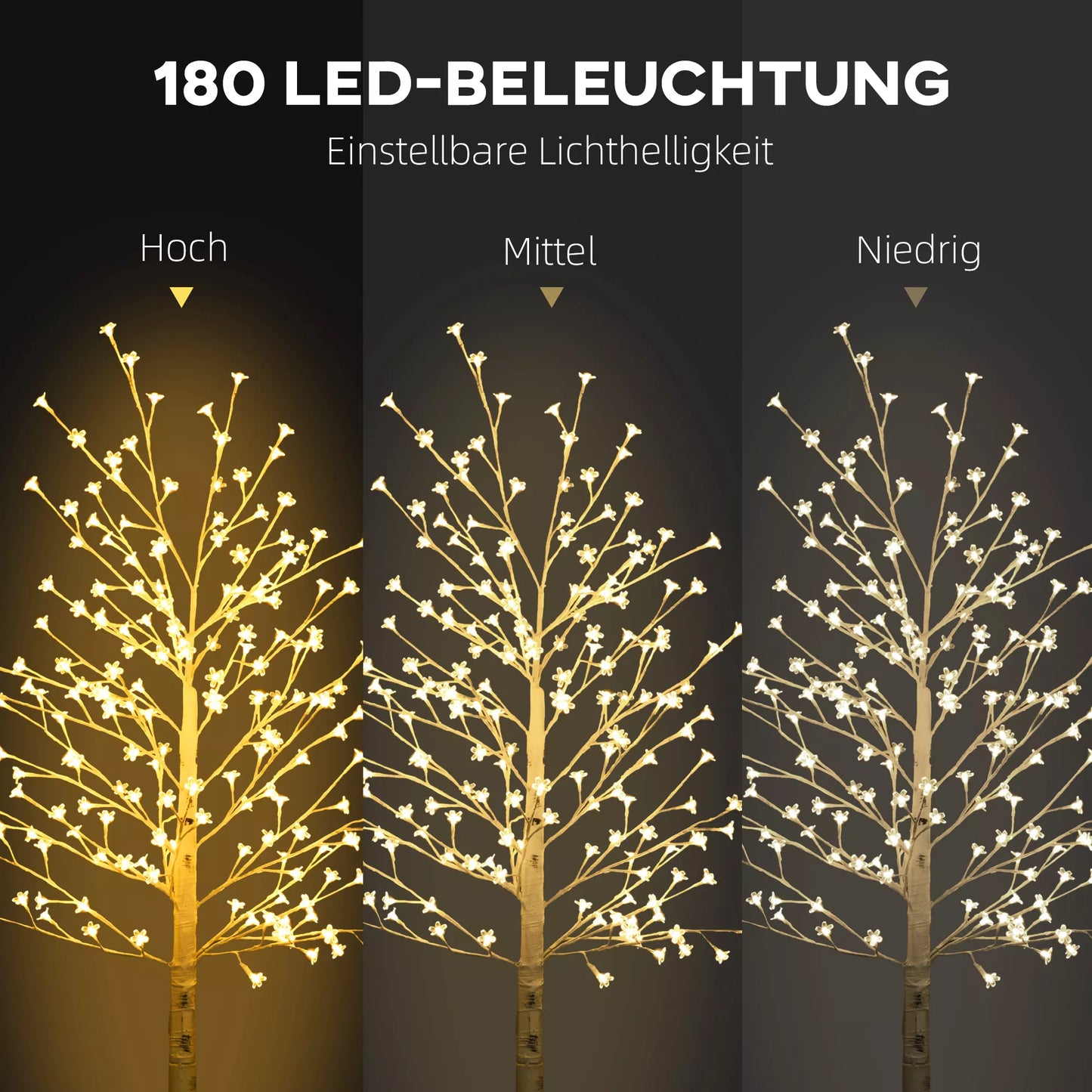 Dirbtinis medis, dirbtinė beržo imitacija, su 180 LED, 3 ryškumo lygiais, šilta balta, su realistine žieve, 21,5 x 21,5 x 180 cm
