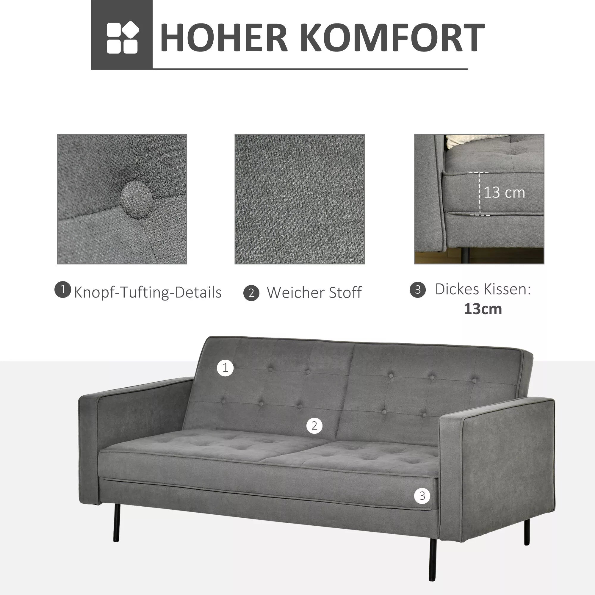 Miegamoji sofa 3 vietų, miegamoji sofa, audinio sofa su miegojimo funkcija, lova-sofa su reguliuojamu kampu, vintažinė, eukalipto mediena, medvilnė, pilka