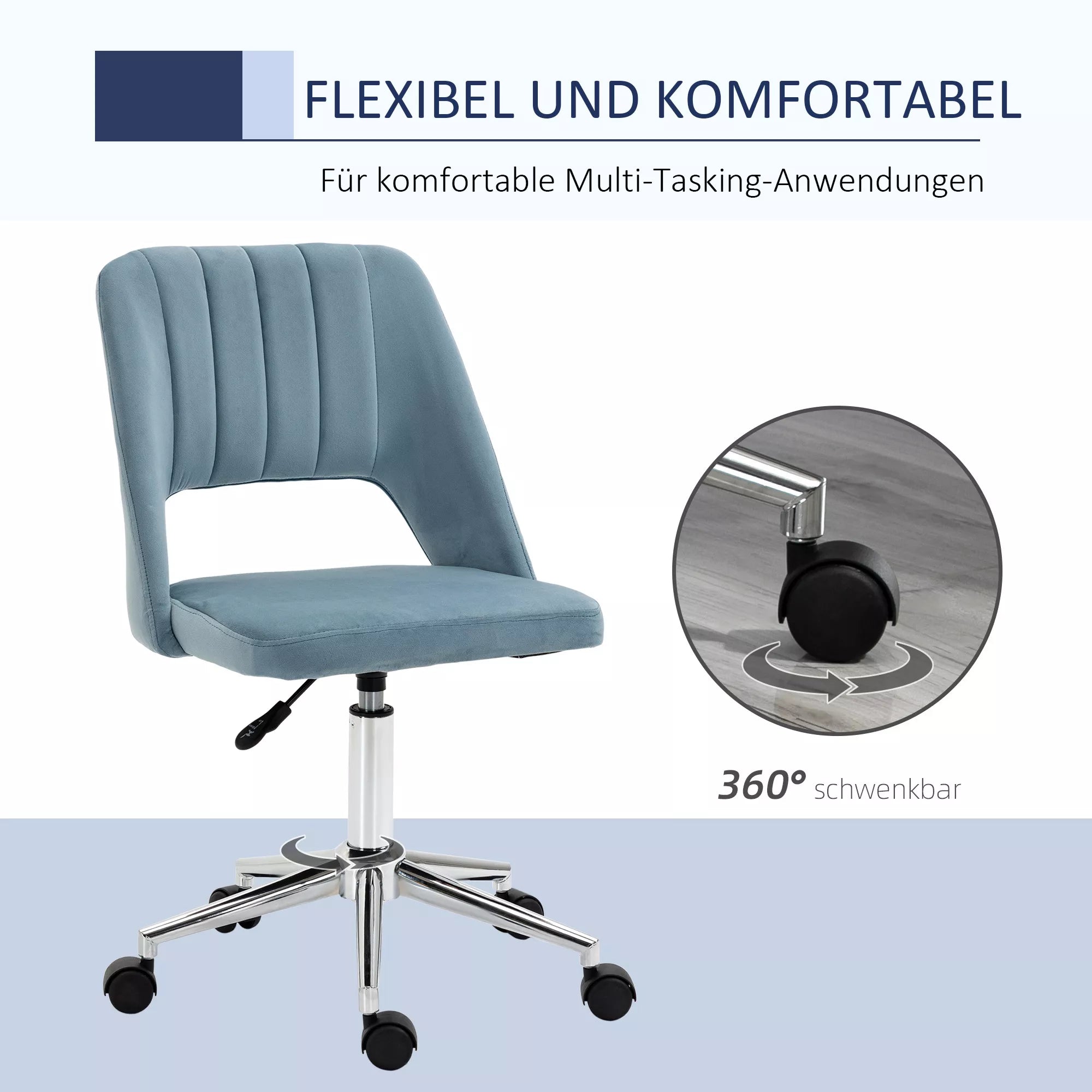 Rašomojo stalo kėdė, reguliuojamo aukščio, namų biuro kėdė be porankių, sukiojama biuro kėdė su aksomo apdaila, ergonomiška makiažo kėdė miegamajam, darbo kambariui, mėlyna