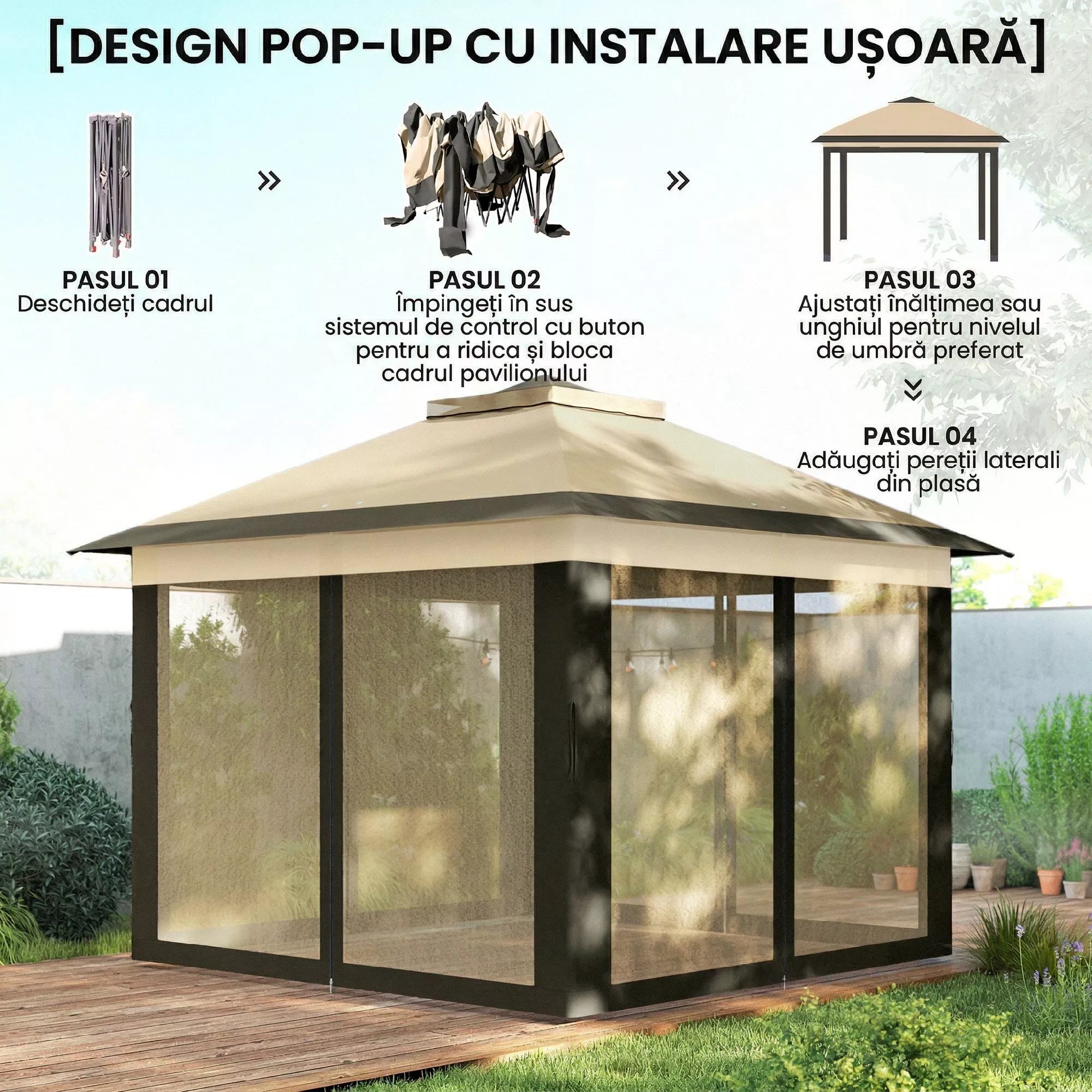 Sulankstomas paviljonas, sodo paviljonas, metalas ir audinys, tinklinės užuolaidos, drenažo angos, 330L x 330B x 288H cm, smėlio spalvos