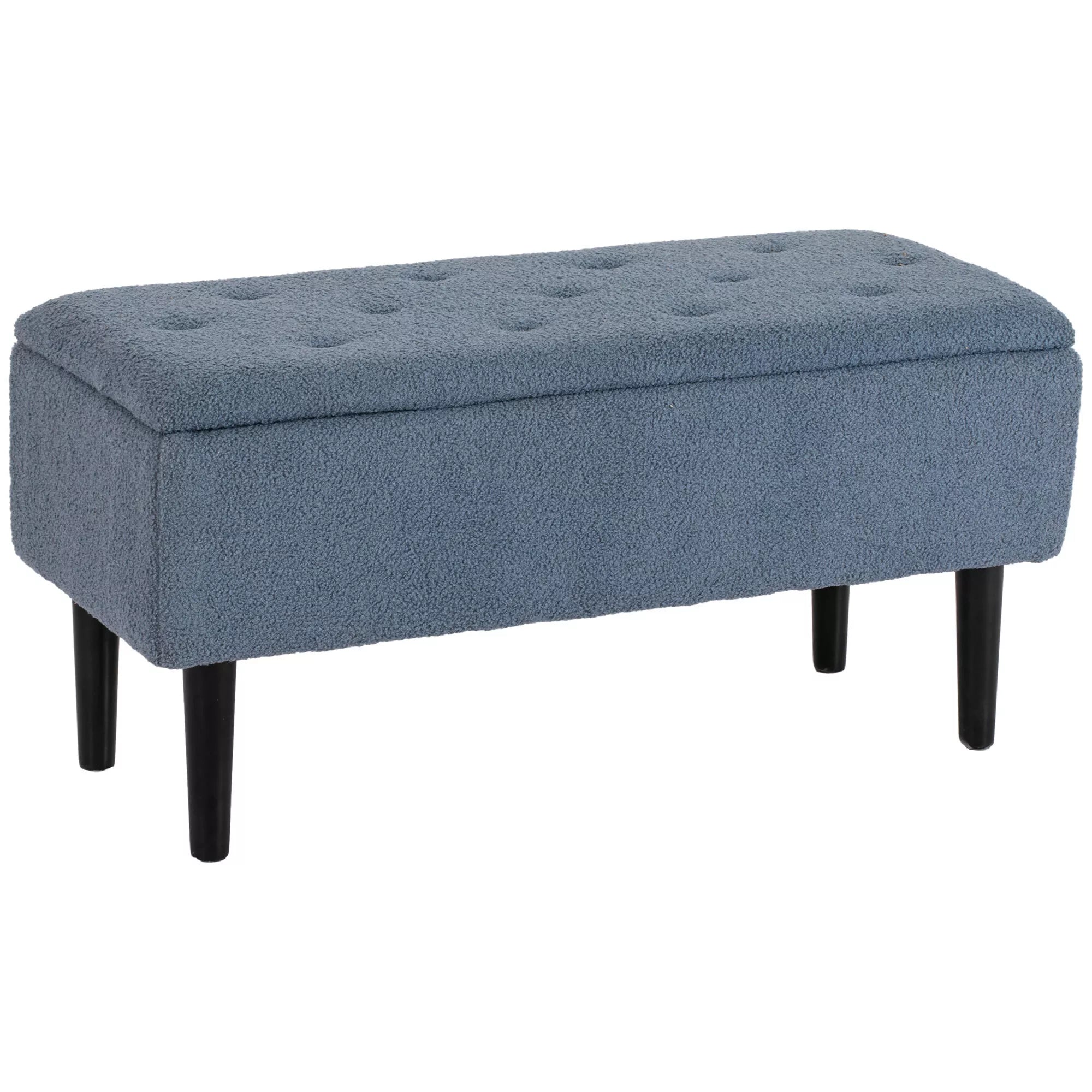 Minkšta suoliukas su daiktų laikymo dėže, kašmyro optika, iki 120 kg, natūralaus medžio rėmas, 95 x 38 x 45 cm, mėlyna