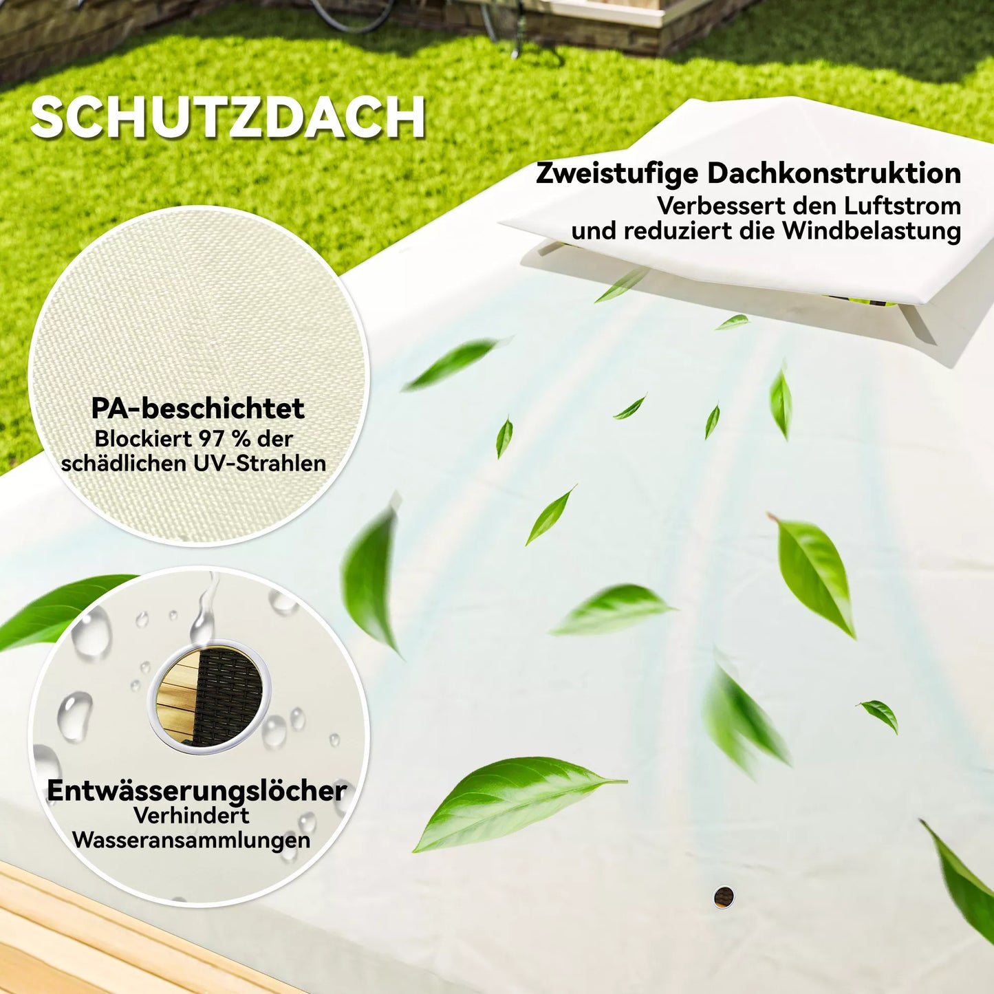 3 x 3 m Sodo pavėsinė, dvipakopio stogo dizainas, UV30+ apsauga, atspari UV spinduliams, apsauga nuo saulės, metalinis rėmas, kreminės baltos spalvos