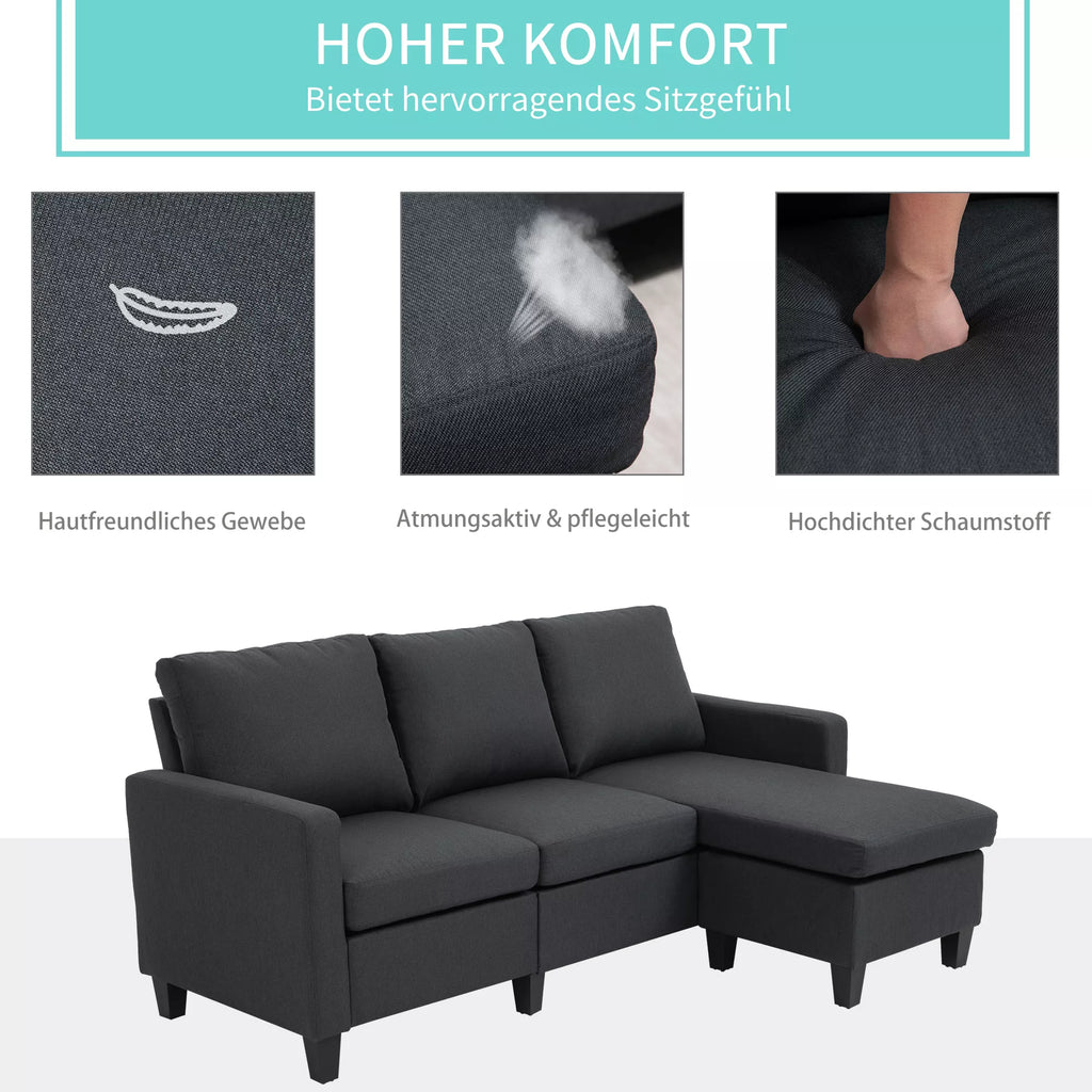 Kampas sekcija, 3 vietų sofa su pagalvėlėmis, kampinė sofa, L formos sofa svetainei, miegamajam 197 x 139 x 91 cm, linas, tamsiai pilka