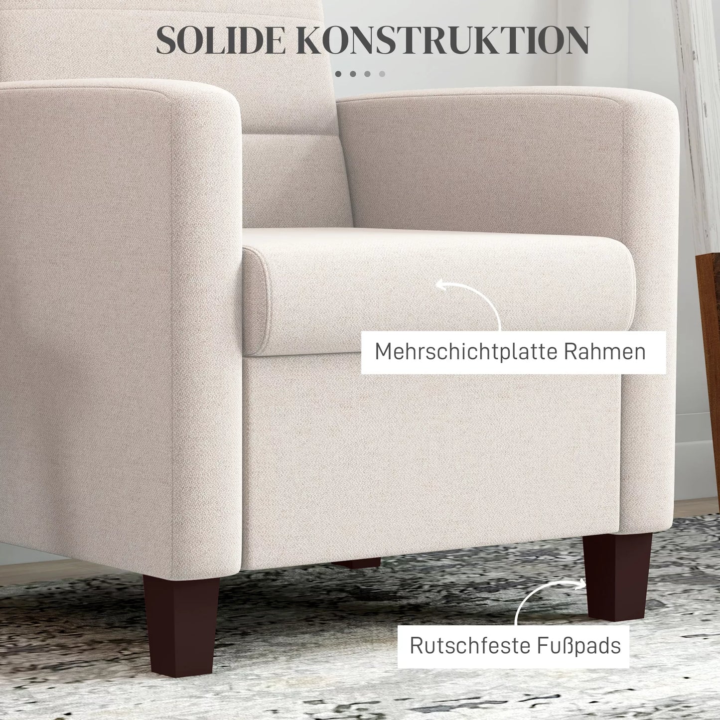 Minkštas krėslas su lino audinio išvaizda, porolono užpildu, sėdimąja pagalvėle ir mediniu rėmu, kreminės baltos spalvos