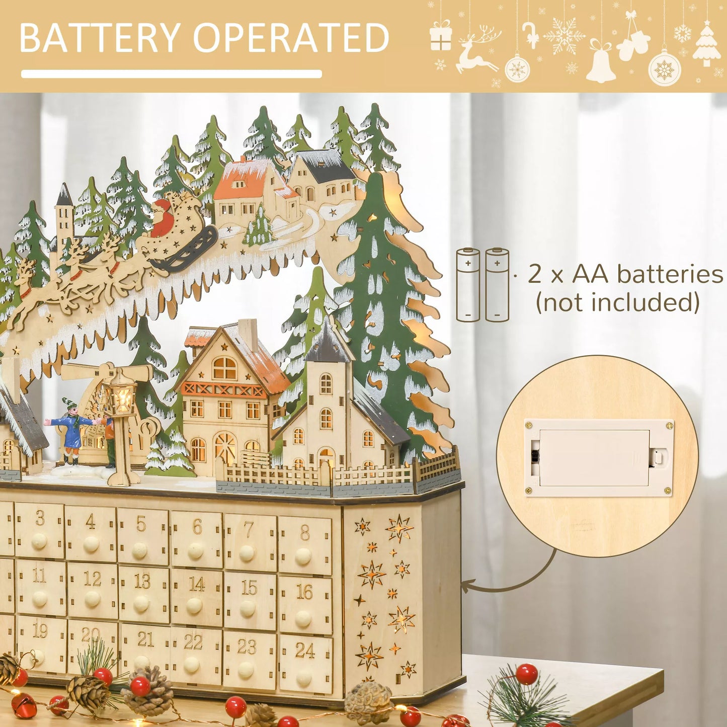 Advento kalendorius Kalėdinė puošmena, 24 stalčiukai, LED lemputės, 39 cm x 9 cm x 42 cm, Balta + Žalia
