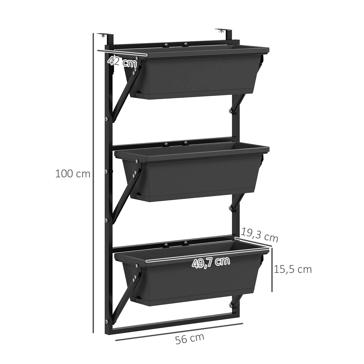 Vazonų rinkinys su skylutėmis, 56x42 cm, kampuotas vazonas, tamsiai pilkas plastikas