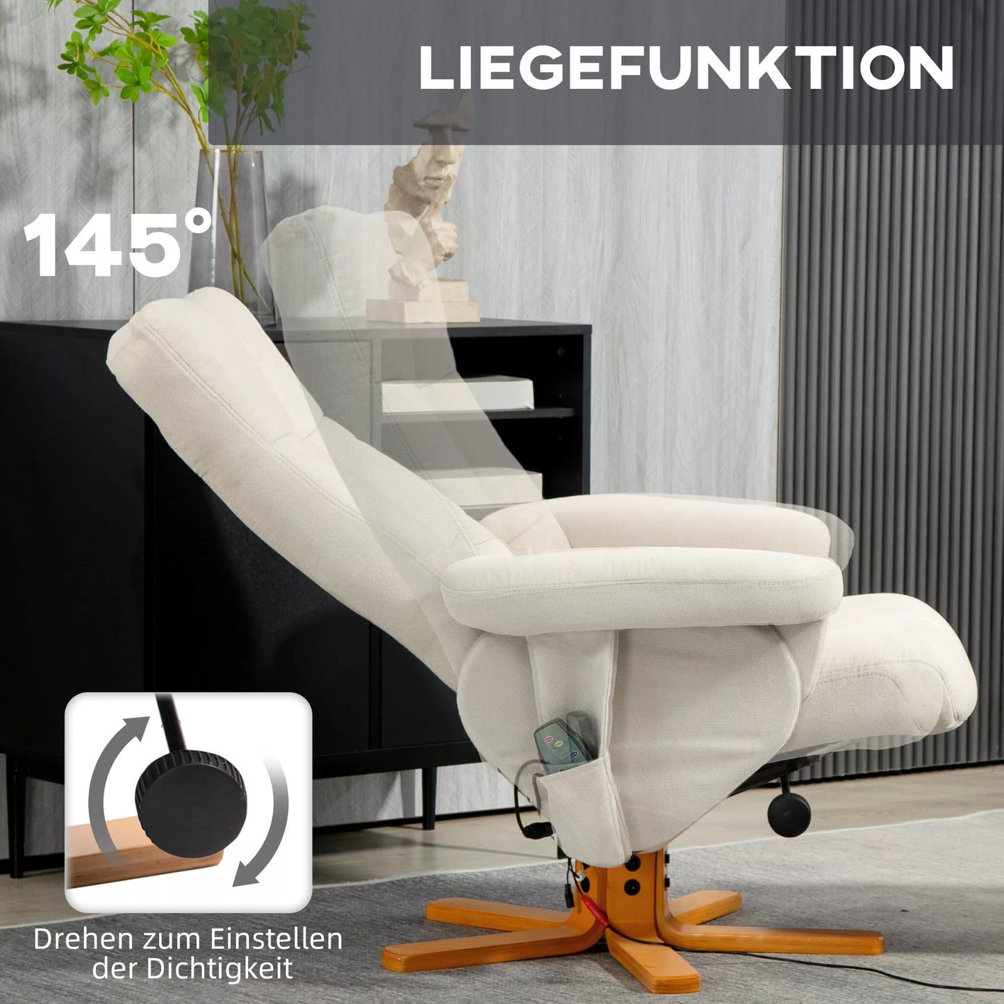 HOMCOM Masažinė kėdė su atlošimo funkcija ir pėdų atrama, 145° atlošimo kampas, poliesteris, 80 x 86 x 99 cm, kreminės baltos spalvos