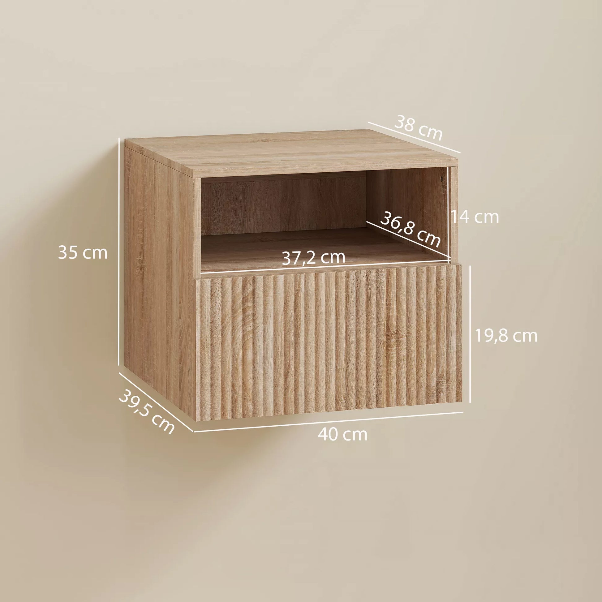 Naktinis staliukas, be rankenėlių dizainas, atvira dėžutė, stalčius, montuojamas prie sienos, šviesiai rudos spalvos