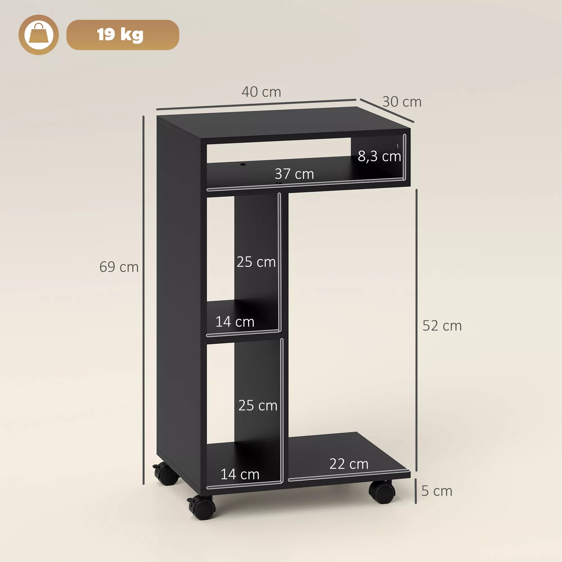 Stalinis staliukas, C formos serviravimo vežimėlis, 4 ratukai, 3 lentynos, 40 x 30 x 69 cm, juodas