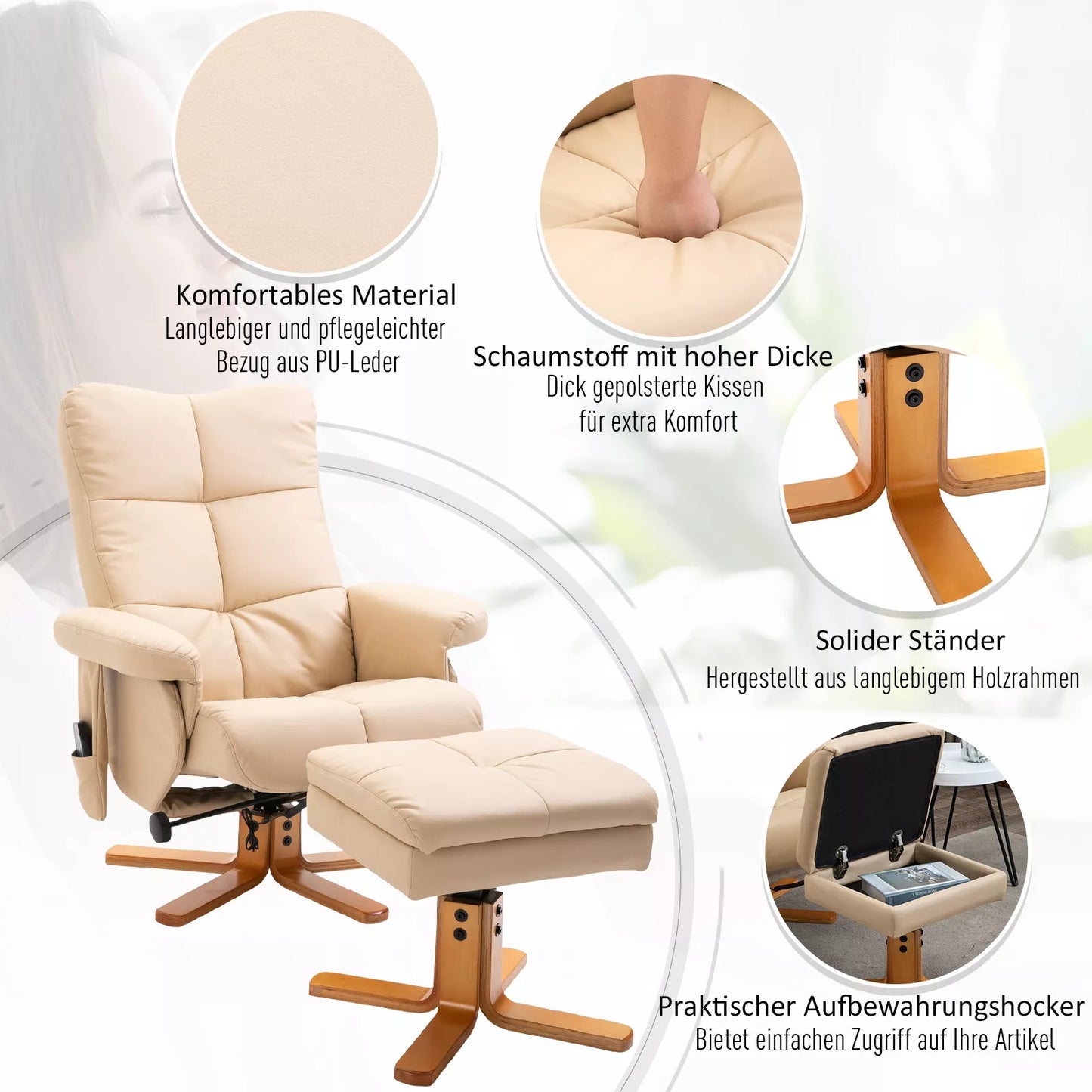 Atlošiamas masažinis fotelis su pakoja, daiktadėže, gulėjimo funkcija, TV fotelis su masažo funkcija, atlošiamas iki 145°, poliesteris, kreminės baltos spalvos, 80 x 86 x 99 cm