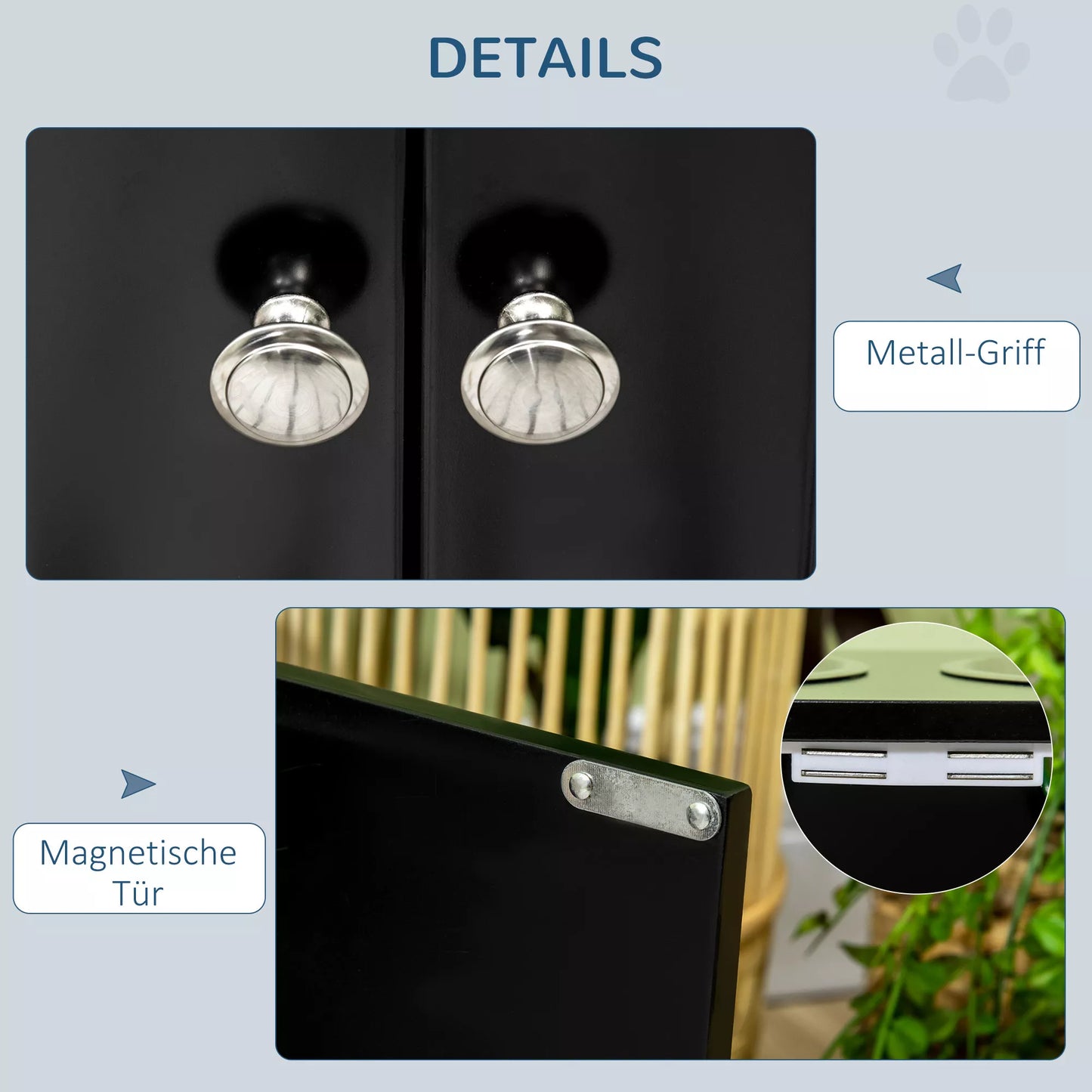 Paaukštinta šėrimo stotis su 2 nerūdijančio plieno dubenėliais ir 44 L talpos daiktadėže, magnetinėmis durelėmis, dideliems šunims, juoda