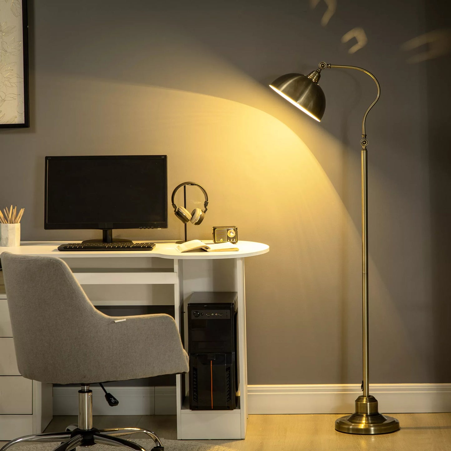 Grindinė lempa vintažinio dizaino, reguliuojamu kampu, žalvario išvaizdos, 42 cm x 25,5 cm x 152 cm, bronzos spalvos