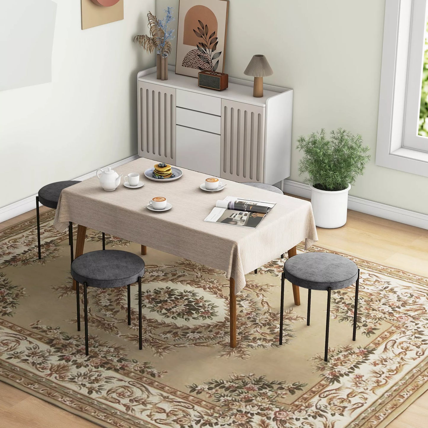 Virtuvinės taburetės 4 vnt. komplektas, sukraunamos, aksomo išvaizda, iki 100kg, plieninis rėmas, 41,5 x 41,5 x 46 cm, tamsiai pilka