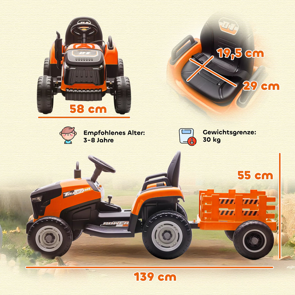 Vaikiškas elektromobilis traktorius su priekaba, iki 30 kg, 3–8 metų vaikams, oranžinis