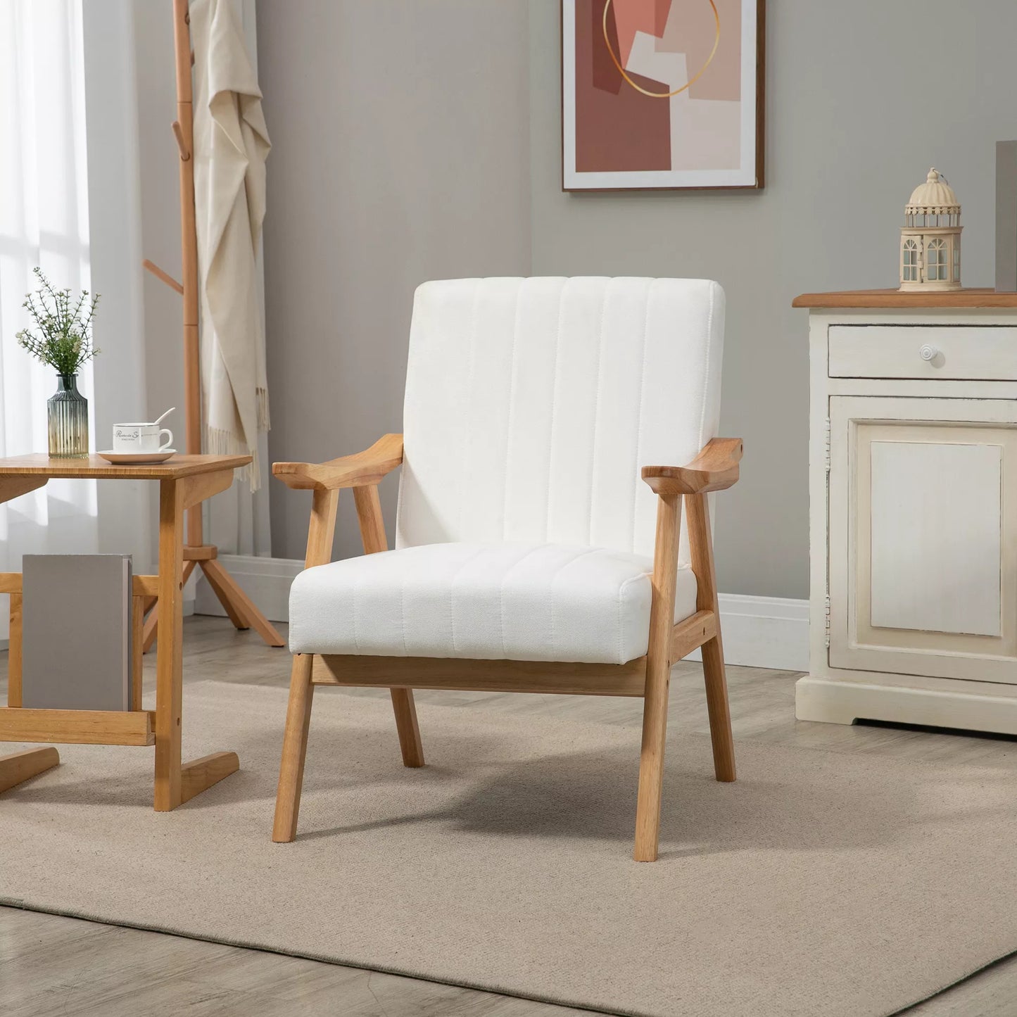 Minkštas fotelis Skandinaviško dizaino, veliūro išvaizdos, su masyvmedžio rėmu, 68 x 74 x 82cm, Natūralus+Kremas