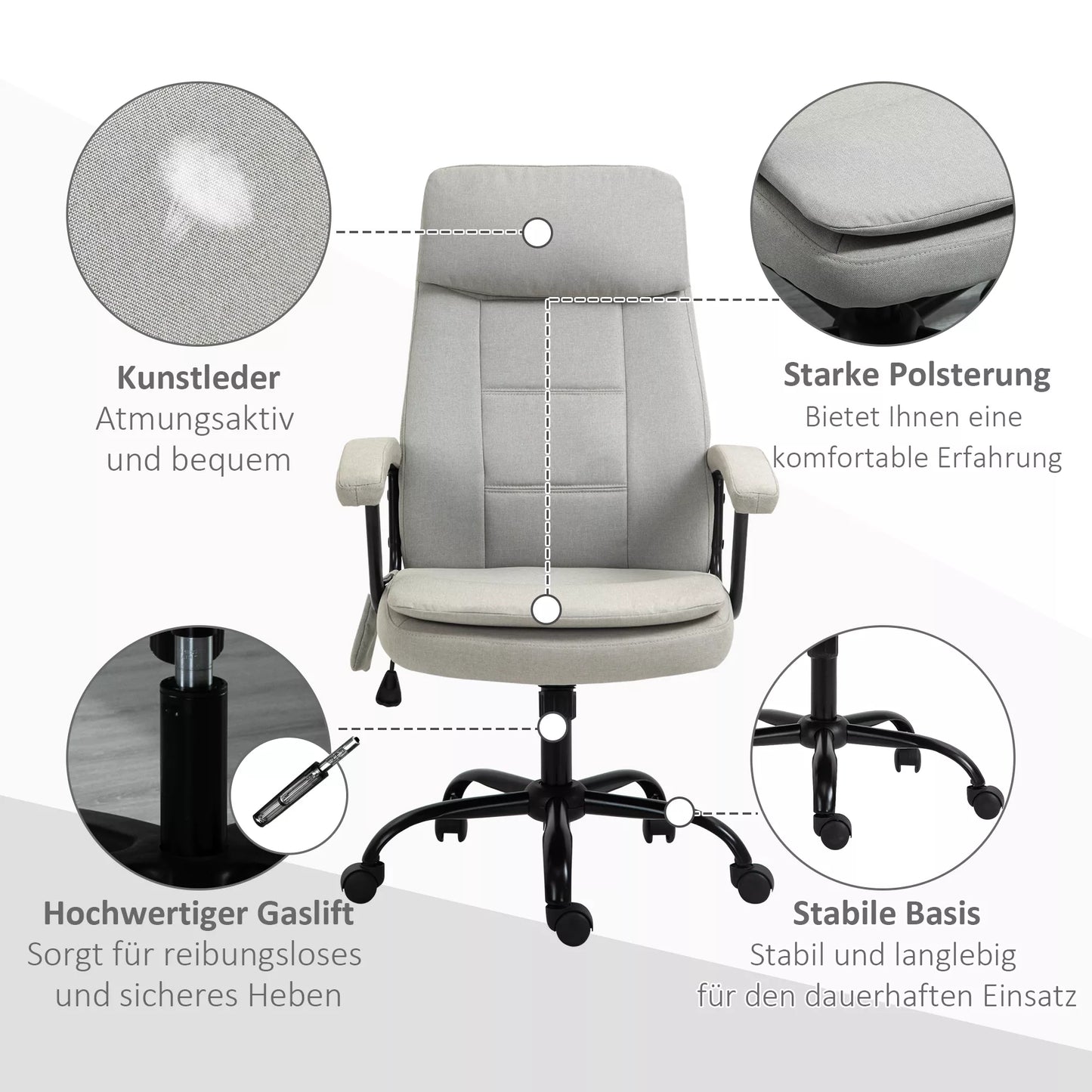 Biuro kėdė su masažu Vinsetto, aukščio reguliavimo, vadovo kėdė, žaidimų kėdė su masažo funkcija, ergonomiškas sukamas krėslas su juosmens masažo funkcija, lininis įspūdis, smėlio spalvos, 63 x 70 x 112-121 cm