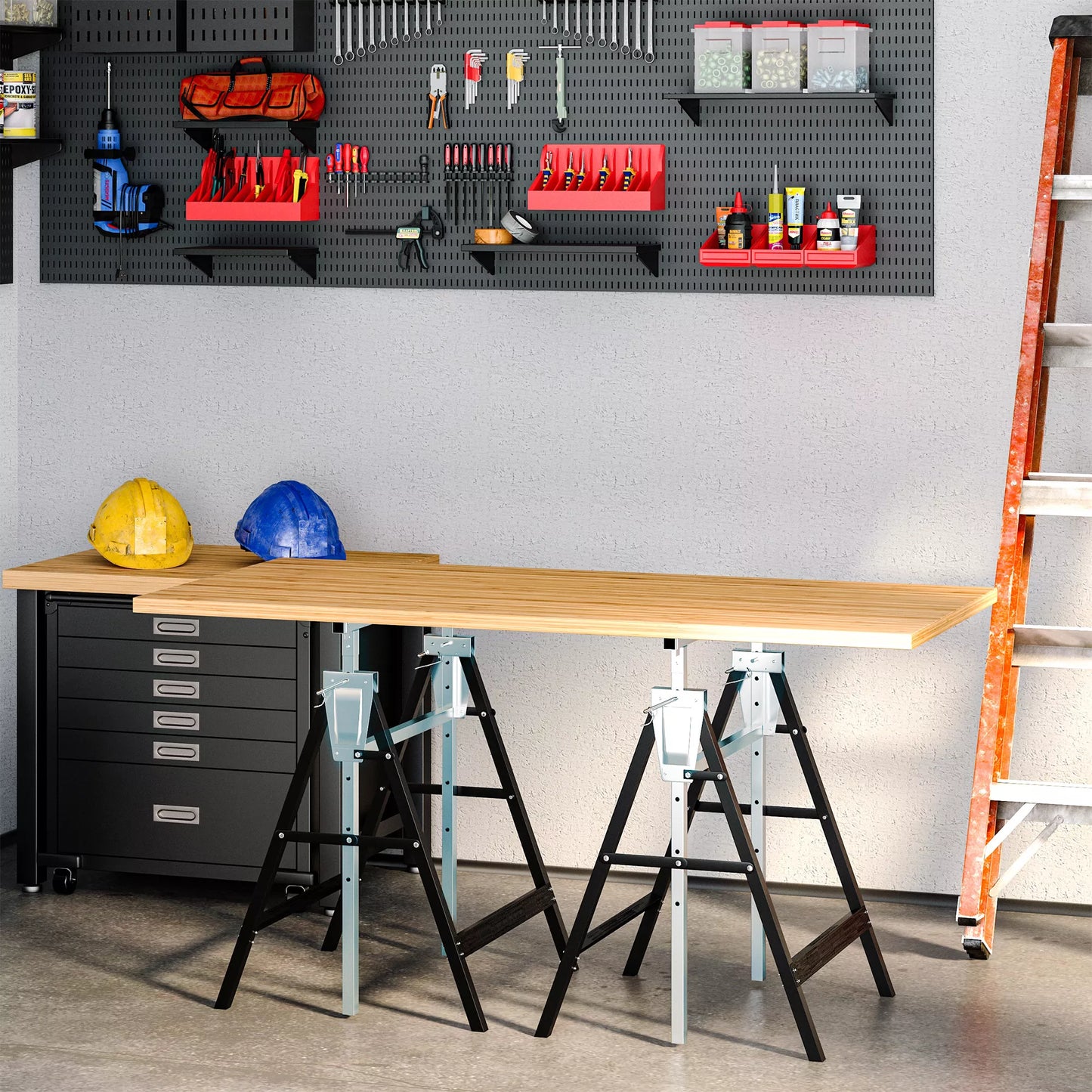 2 vnt. Sulankstomas reguliuojamo aukščio atraminis stovas (pastolių balastas) iki 200kg, plieninis, juodas, 68 x 58 x 80-130 cm