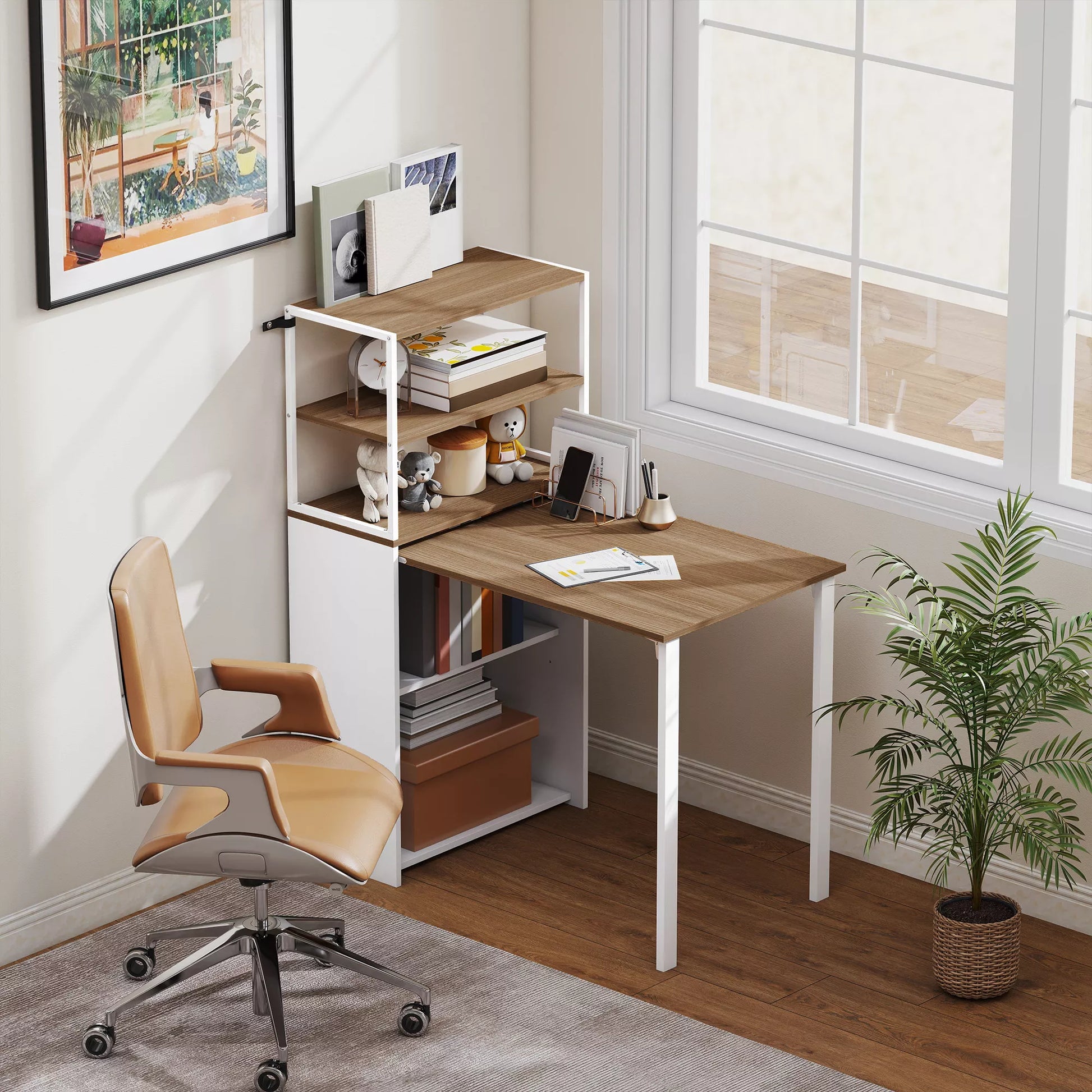 Rašomasis stalas Sulankstomas virtuvės stalas su 4 lentynomis Kompiuterio stalas Darbo stalas Nešiojamojo kompiuterio stalas 105 x 60 x 127 cm Natūralus medis