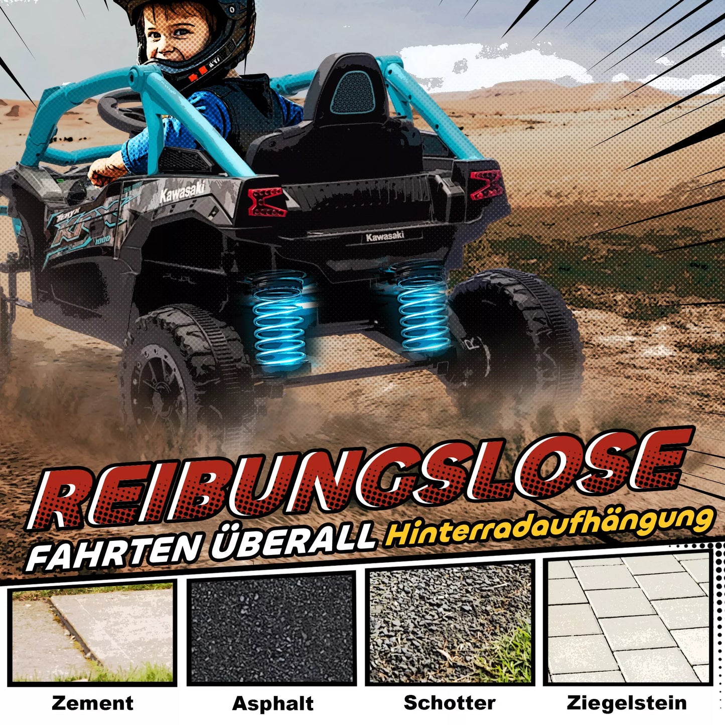 12V Elektrinis visureigis vaikams, nuotolinio valdymo pultas, LED žibintai, muzika, garso signalas, skirtas vaikams nuo 3-8 metų, mėlynas