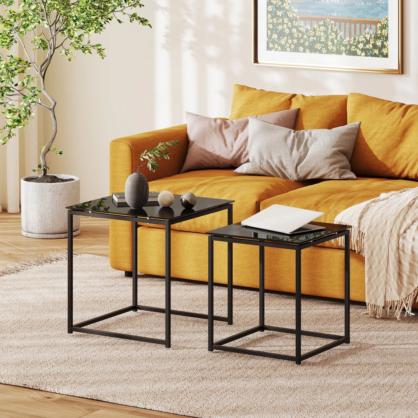 2 vnt. stalelių rinkinys, modernaus dizaino, sukraunami, stiklinis staliukas, juodas