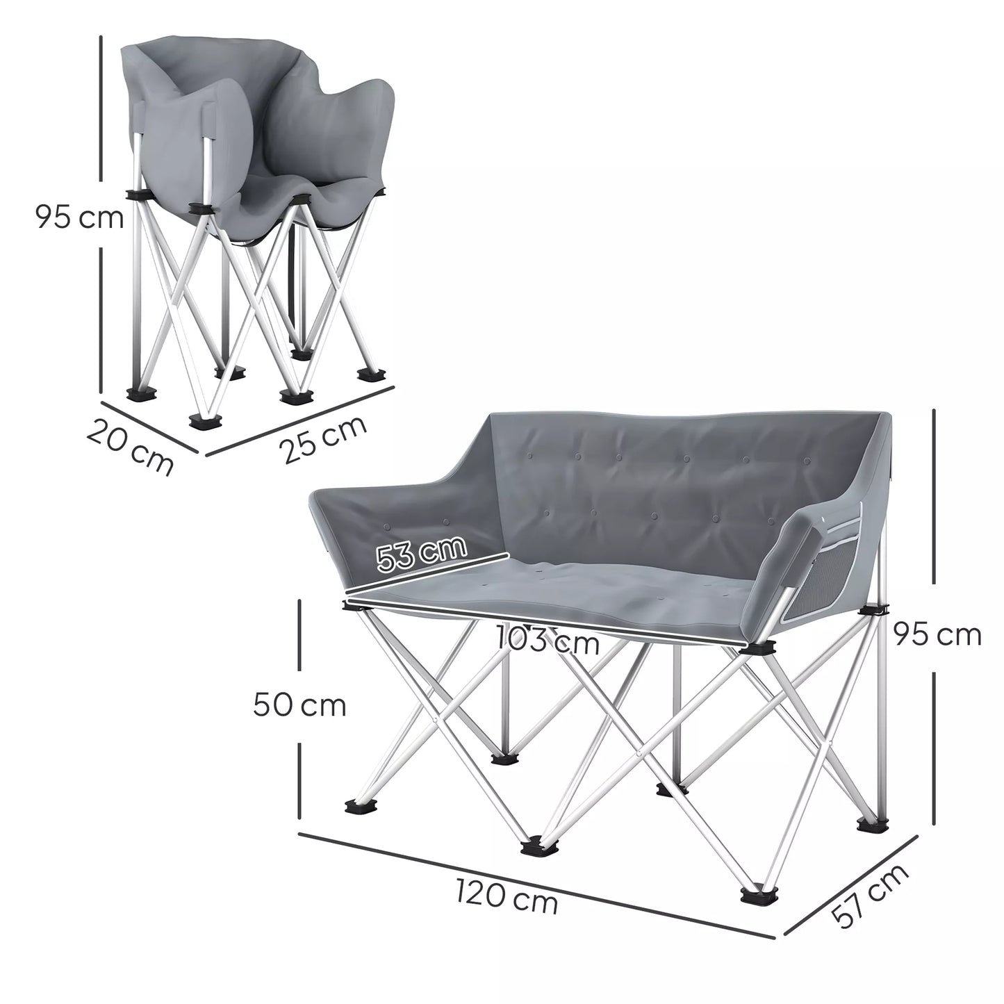 Sulankstoma 2 vietų kempingo kėdė su porankiais, šonine kišene, atlaiko iki 240 kg, pilka