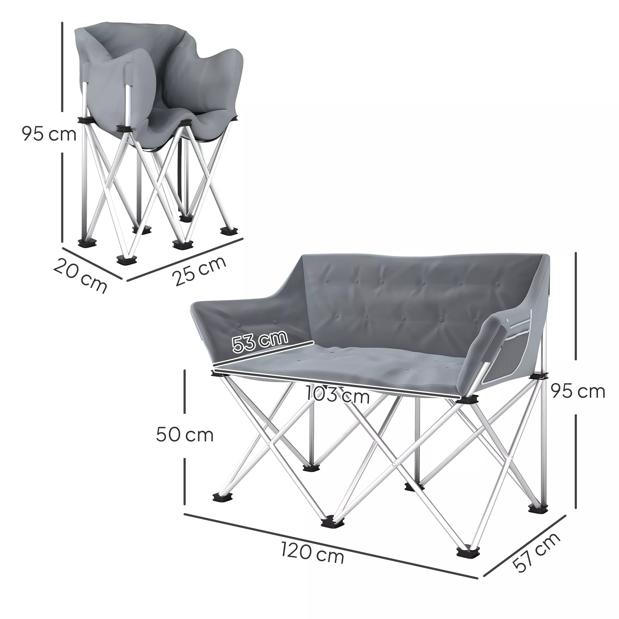 Kempingo kėdė dvivietė, sulankstoma, iki 240 kg, pilka