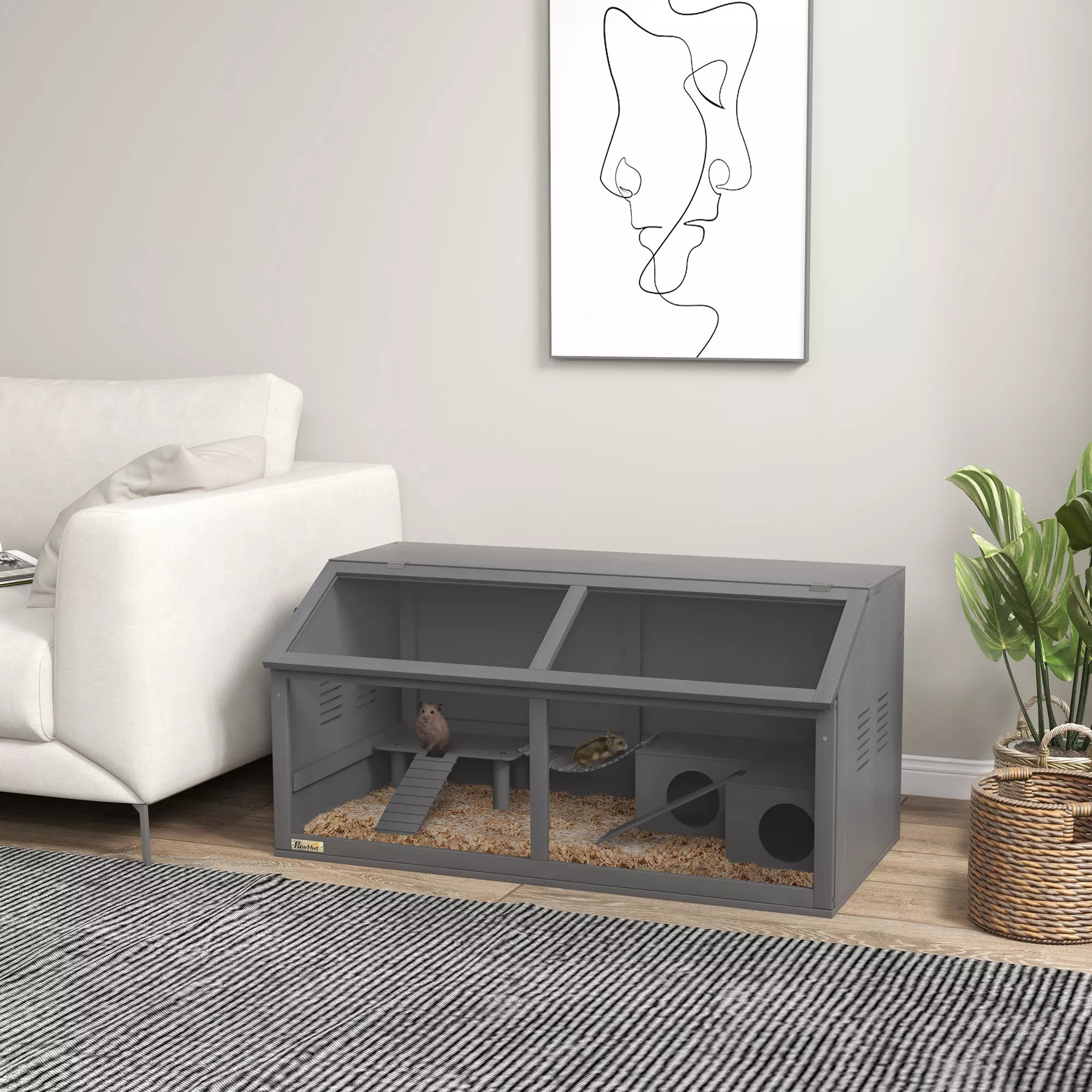Mažų gyvūnų narvas Graužikų narvas, su priedais, pušies mediena, 100 cm x 52 cm x 50 cm, pilkos spalvos