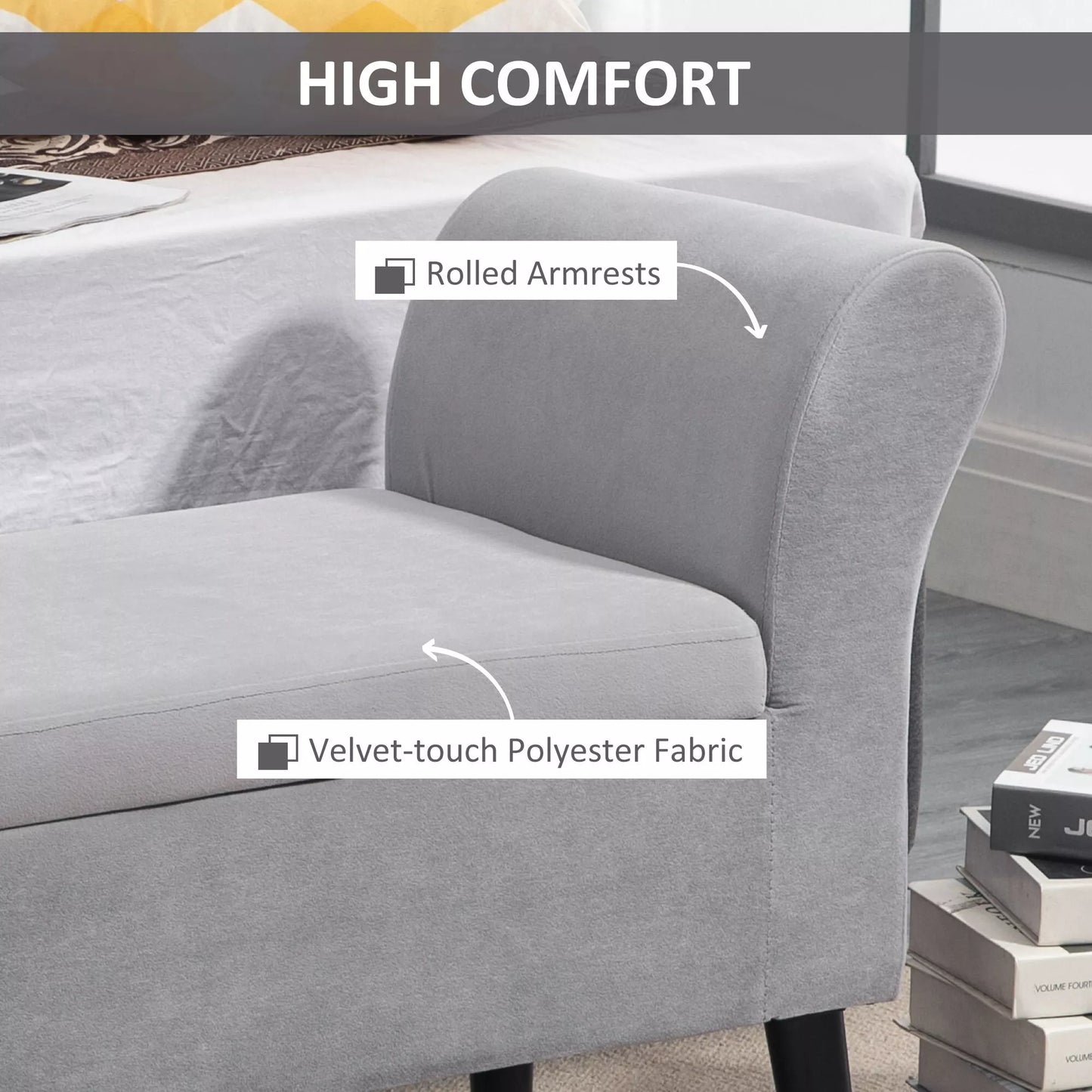 Minkštas suolas su daiktadėže, suolas-skrynia su porankiais, 46 cm sėdimojo aukščio, veliūro poliesteris, 111,5 x 41 x 65 cm, šviesiai pilkas