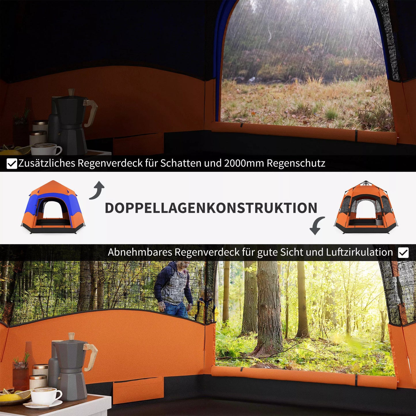 Dvisluoksnė momentinė pop-up palapinė su apsauga nuo lietaus, lauko šeimos palapinė 4 žmonėms, neperšlampama šešiakampė visų metų kupolinė palapinė su dugno danga, 2 durimis, uodų tinkleliu, nešiojimo krepšiu, oranžinė