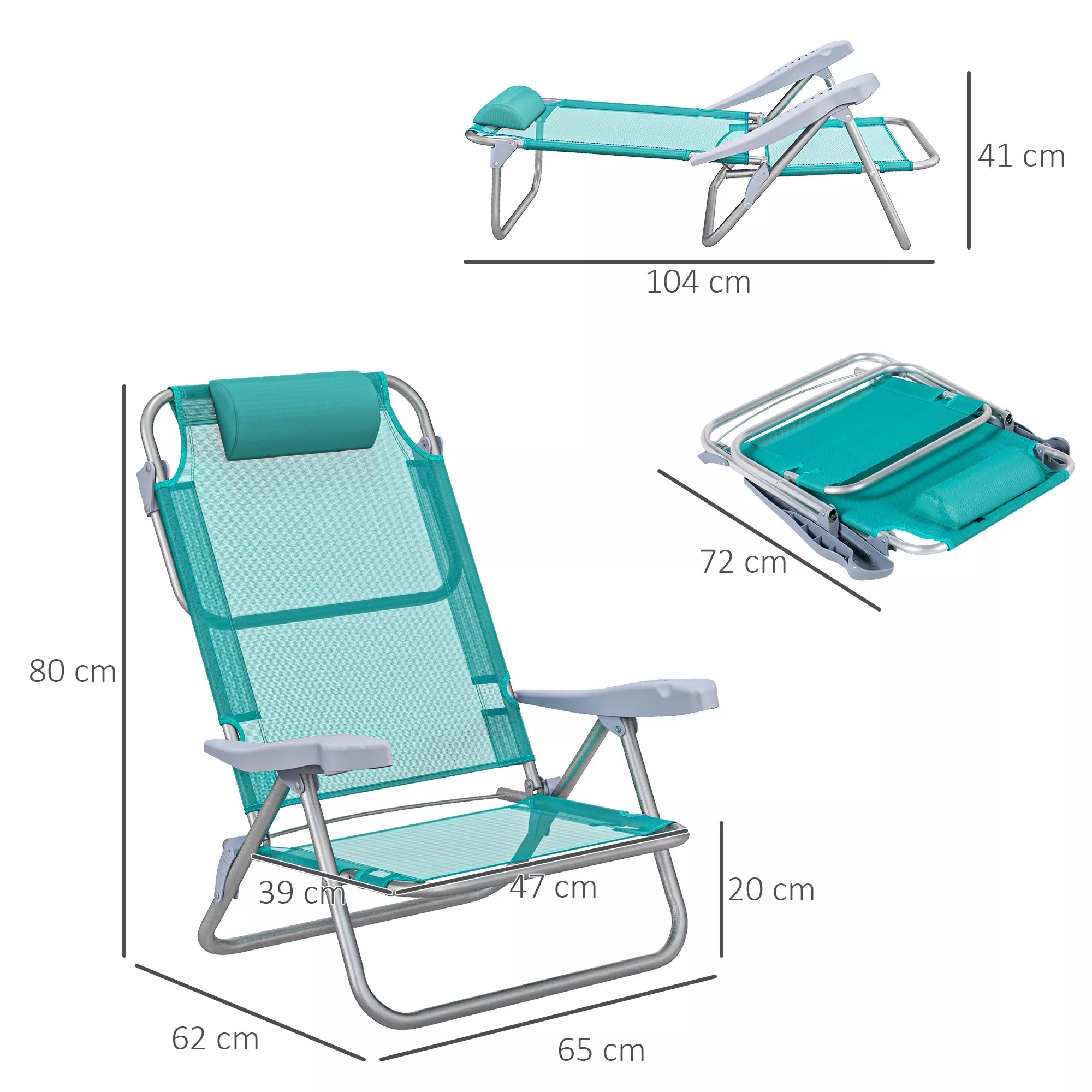 Kėdės matmenų schema: išskleistos aukštis 80 cm, plotis 65 cm, gylis 62 cm, sulankstytos dydis 72x41 cm