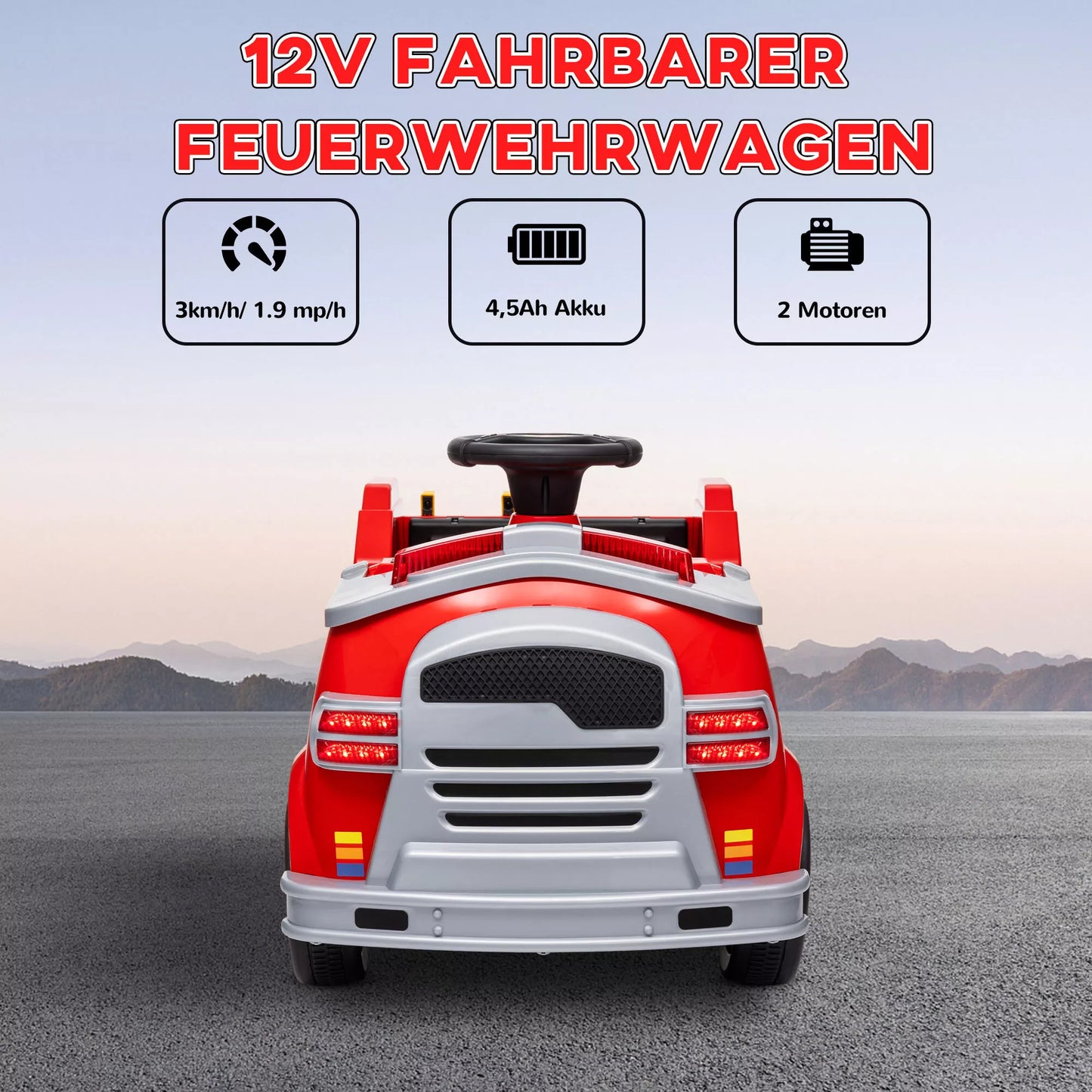 Gaisrinis automobilis, elektrinis vaikiškas automobilis, maks. 3 km/val., su sirena, mėlynu švyturėliu, įrankiais, vaikams nuo 3 iki 5 metų