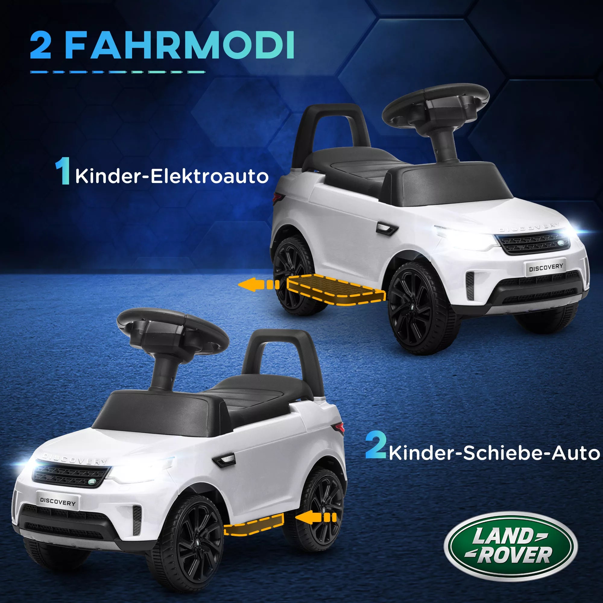 Elektrinis vaikų automobilis 6 V, „Land Rover“, važiavimo/stumimo režimas, žibintai, muzika, baltas