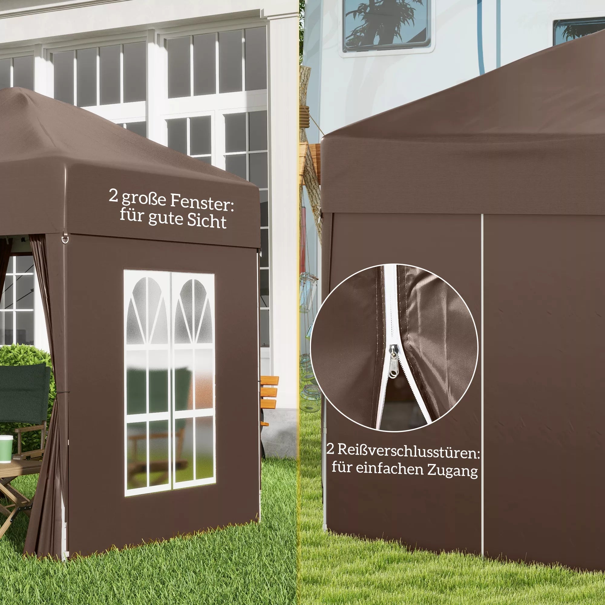 Sulankstomas paviljonas, alaus palapinė, 4 nuimami šoniniai sienelės, 2 langai, metalinis rėmas, 2 x 2 m, rudos spalvos