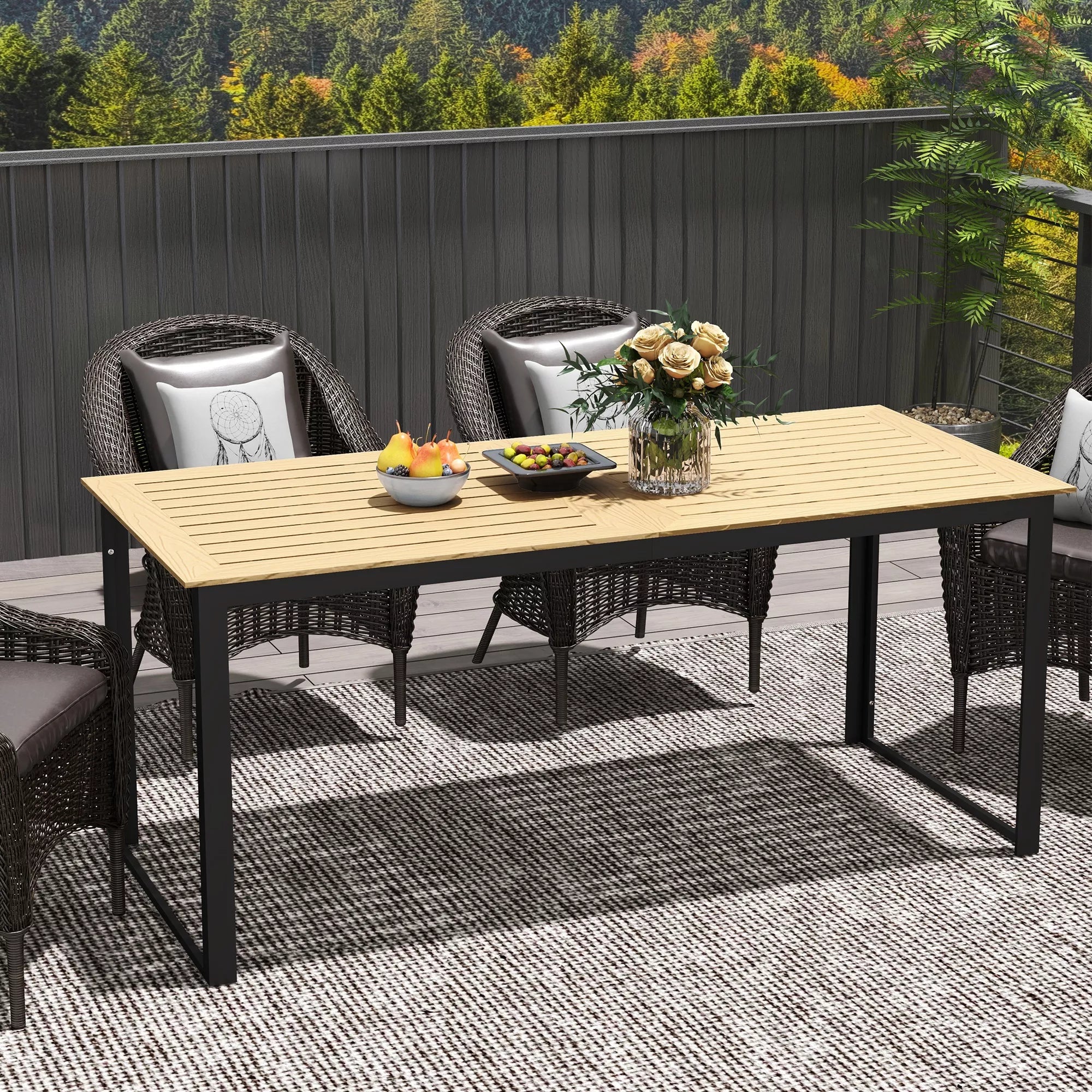 Sodo stalas iš metalo 175x78 cm Atsparus atmosferos poveikiui balkono stalas su medžio imitacija, neslidus valgomojo stalas Juodas