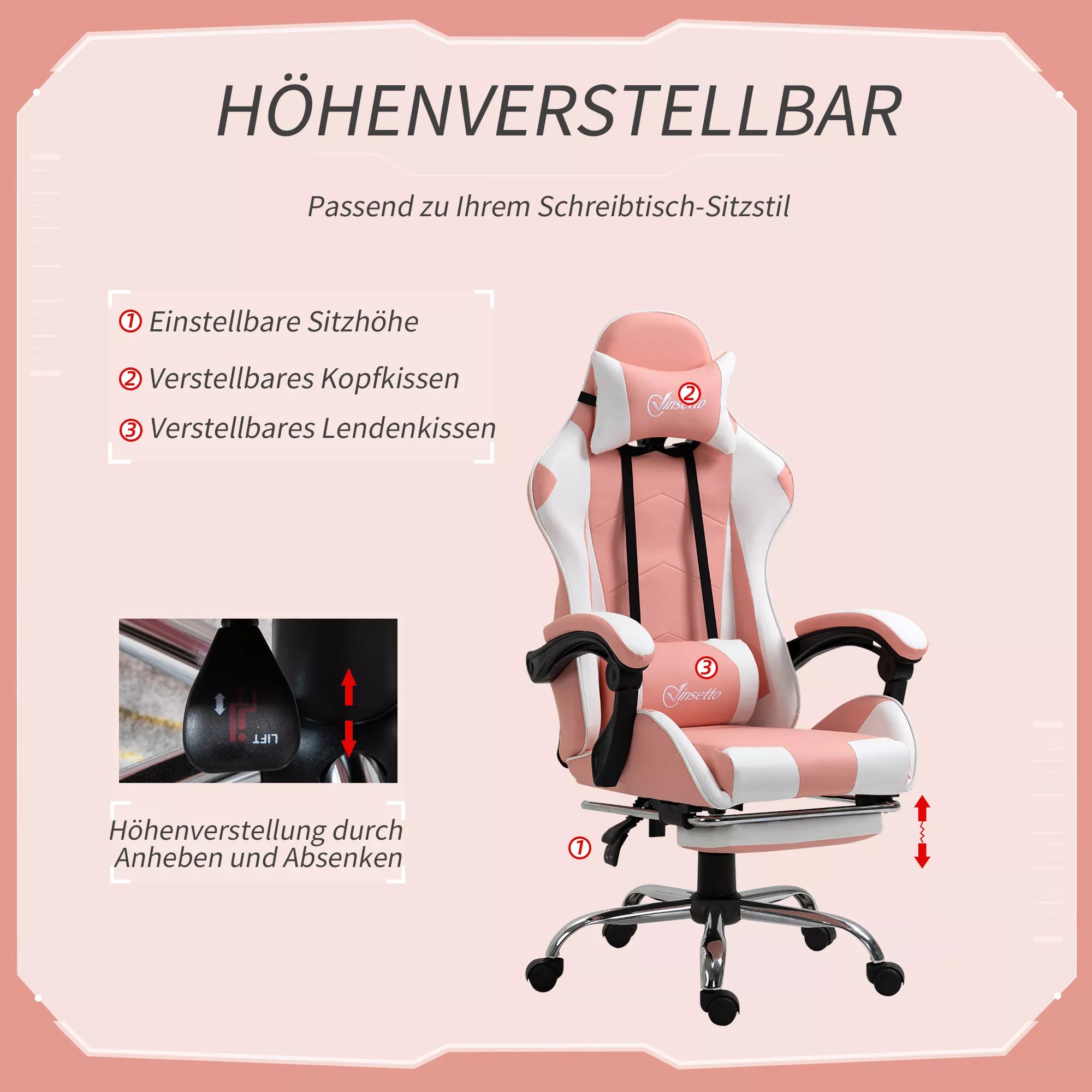 Žaidimų kėdė Kompiuterio kėdė Ergonomiška biuro kėdė Žaidėjų kėdė su galvos atrama Juosmens pagalvė Biuro kėdė, reguliuojamo aukščio, pasukama 360° Putų plastikas Dirbtinė oda PVC Rožinė + balta 64 x 67 x 119–127 cm