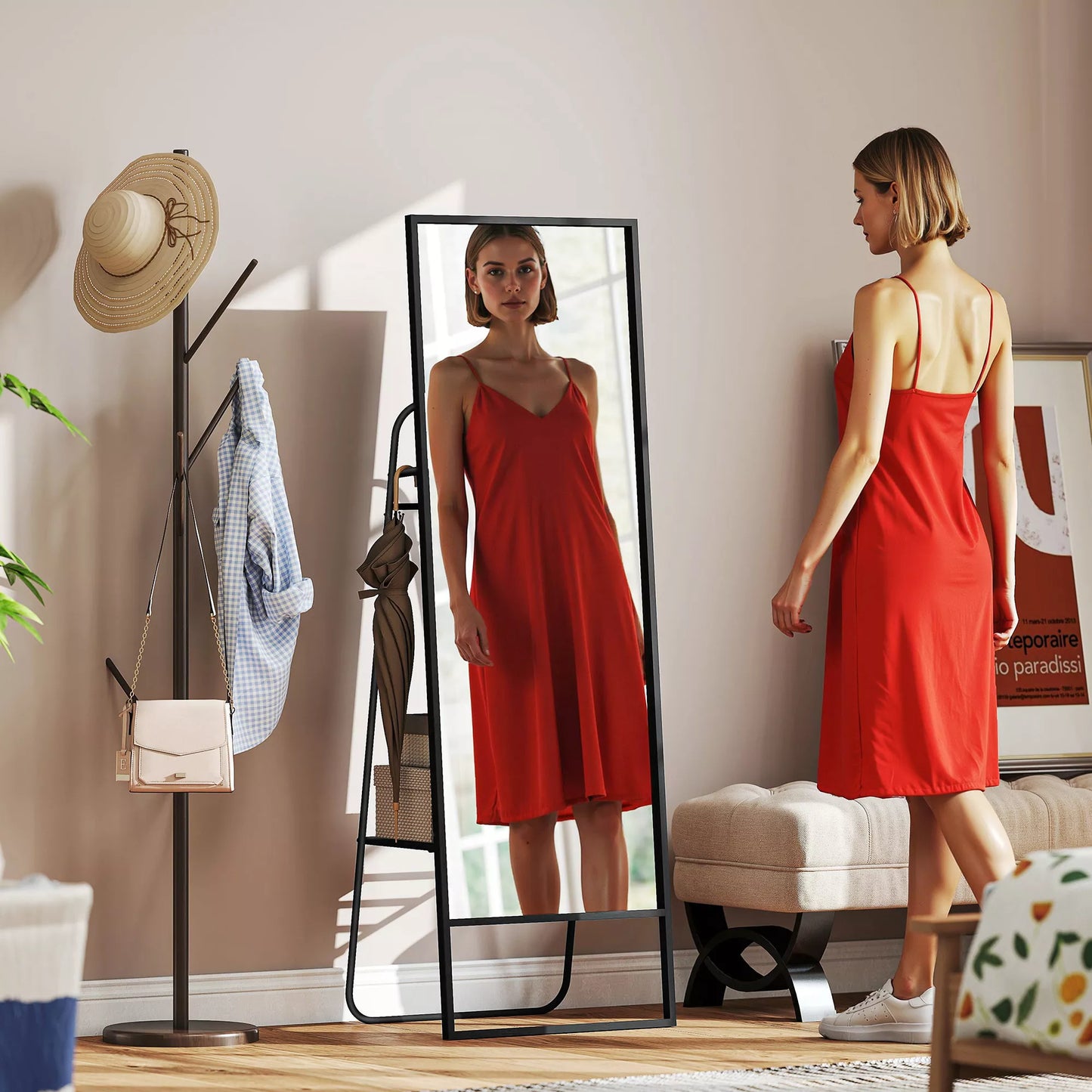 Visą kūną atspindintis veidrodis, pramoninis dizainas, galinė lentynėlė, 2 kabliai, metalinis rėmas, skirtas miegamajam, 157 x 50 cm, juodos spalvos