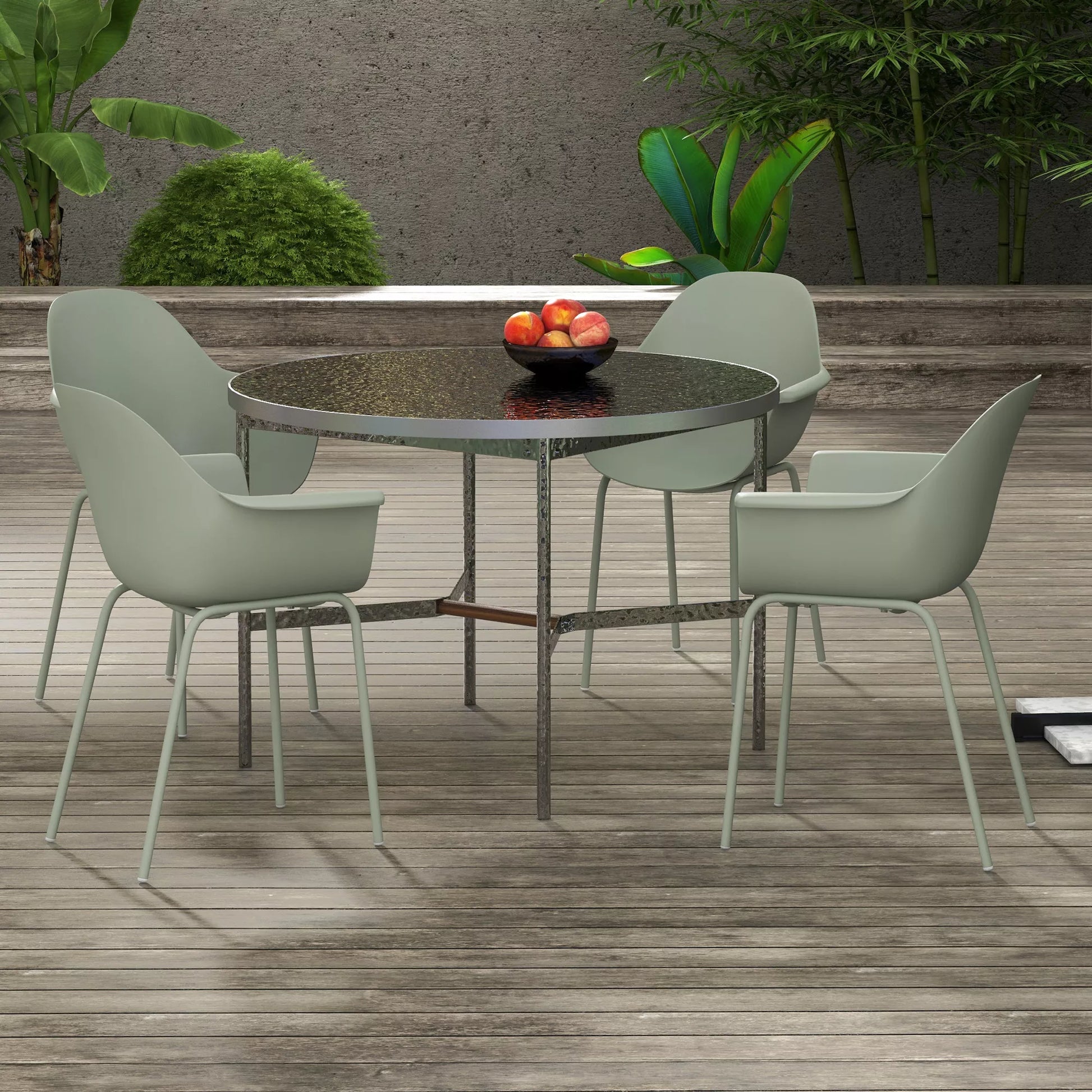 Sodo kėdžių rinkinys (4 vnt.), su atlošu/porankiais, atsparus atmosferos poveikiui, iki 120 kg, plastikas/metalas, žalias