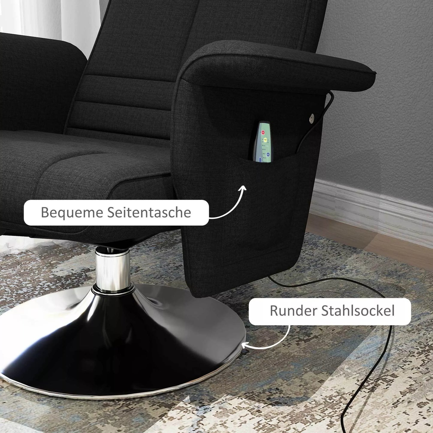 Masažinė kėdė su pakoja, reguliuojamas atlošas, 78 x 95 x 88 cm, juoda