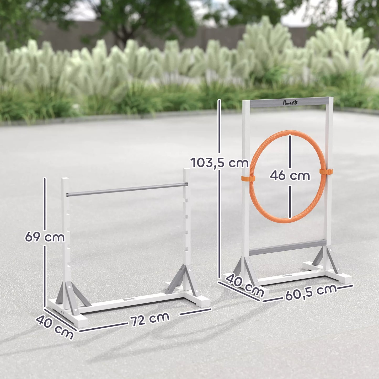 Agility rinkinys šunims, 4 dalių dresūros įranga su aukščio reguliuojamomis kliūtimis ir lanku, baltas