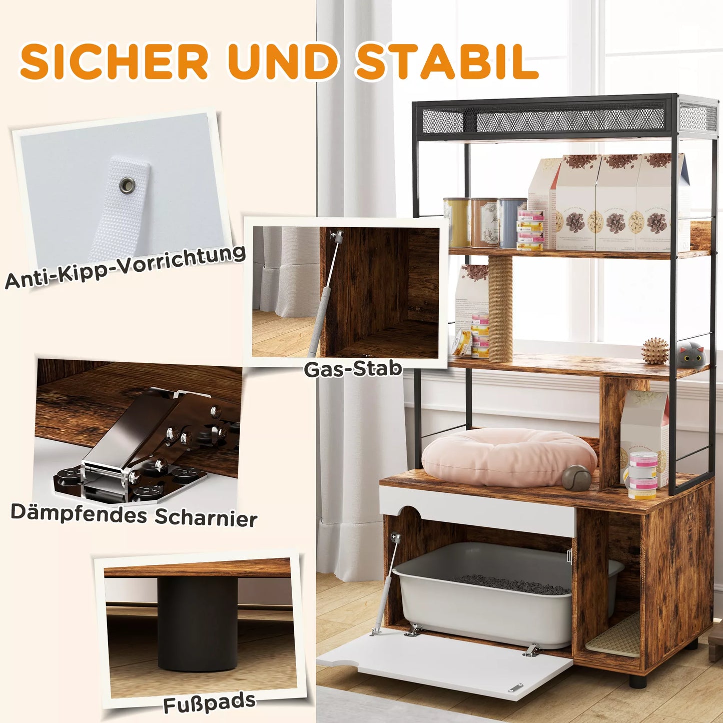 Uždaras kačių tualetas su 3 lygių lentyna ir draskykle, 80 x 48 x 152 cm, ruda