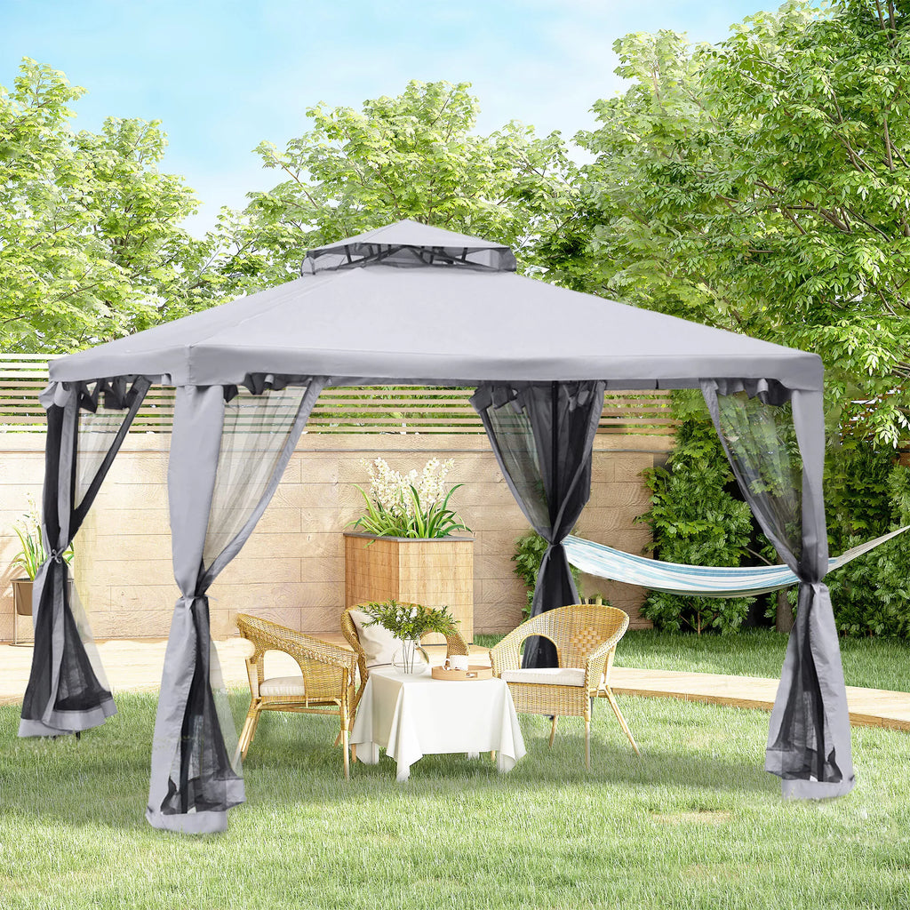 Paviljonas su dvigubu stogu, 3x2 m, atsparus vandeniui, stabilus, atsparus žiemai, su moskitine tinklele, šoninėmis dalimis, metalinis sodo paviljonas, skirtas sodui, terasai, šviesiai pilkos spalvos.