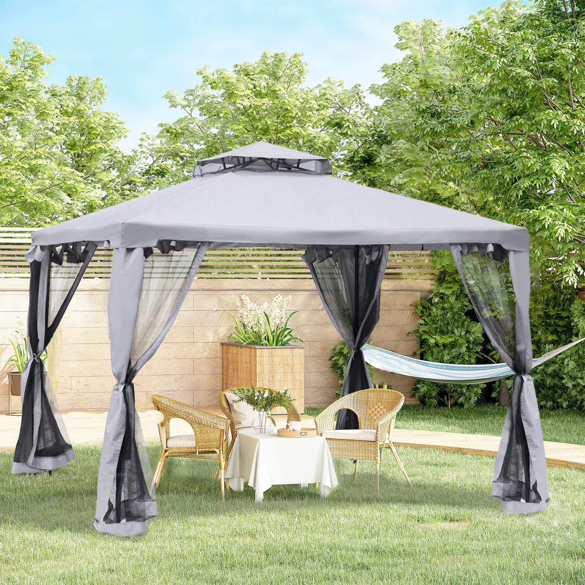 Paviljonas su dvigubu stogu, 3x2 m, atsparus vandeniui, stabilus, atsparus žiemai, su moskitine tinklele, šoninėmis dalimis, metalinis sodo paviljonas, skirtas sodui, terasai, šviesiai pilkos spalvos.