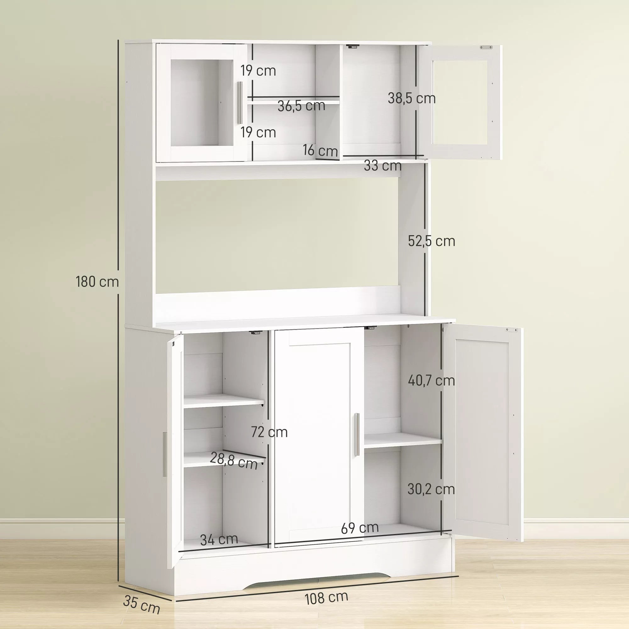 Virtuvinė spintelė su stiklinėmis durelėmis ir atvira lentyna, 108 cm, balta