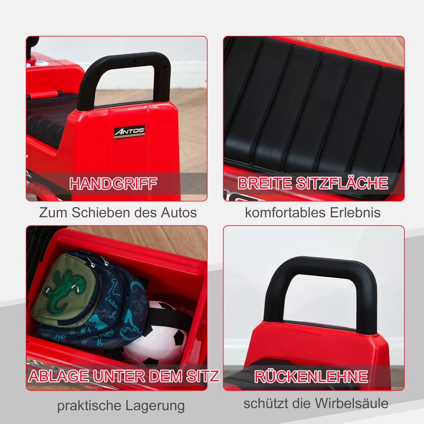 Vaikiška transporto priemonė, automobilis-stūmdukas, "Mercedes ANTOS" stiliaus sunkvežimis su šviesa, vaikams nuo 12 iki 36 mėnesių, metalas/PP plastikas, raudona+juoda, 62,5x28,5x45cm