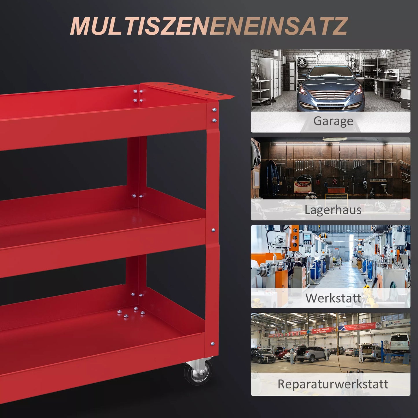 3 pakopų įrankių vežimėlis, 4 ratai, plienas, 83P x 35,3G x 76A cm, raudonas