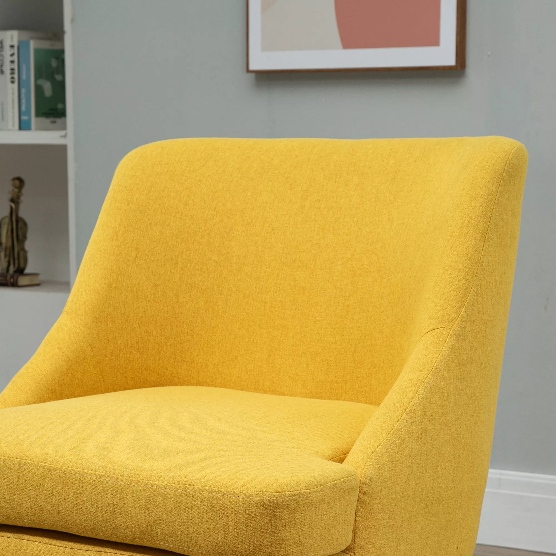 Minkštasuolis suolinis krėslas su linine išvaizda, porankiais, paminkštintas relaksacinis krėslas su medinėmis kojomis, skirtas svetainei, miegamajam, geltonas