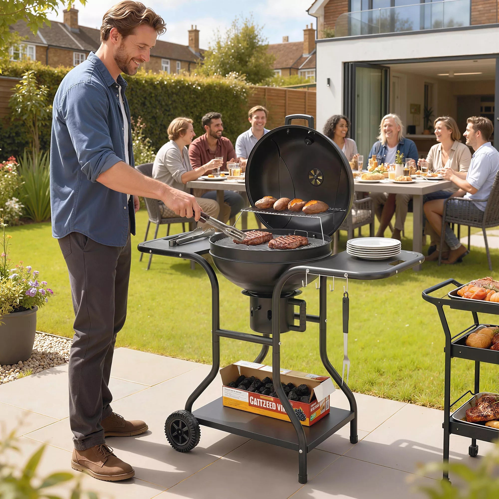 Anglies grilis BBQ Smoker su šoniniais stalais, dangčiu, termometru, ratais, 129 x 63,5 x 106,5 cm