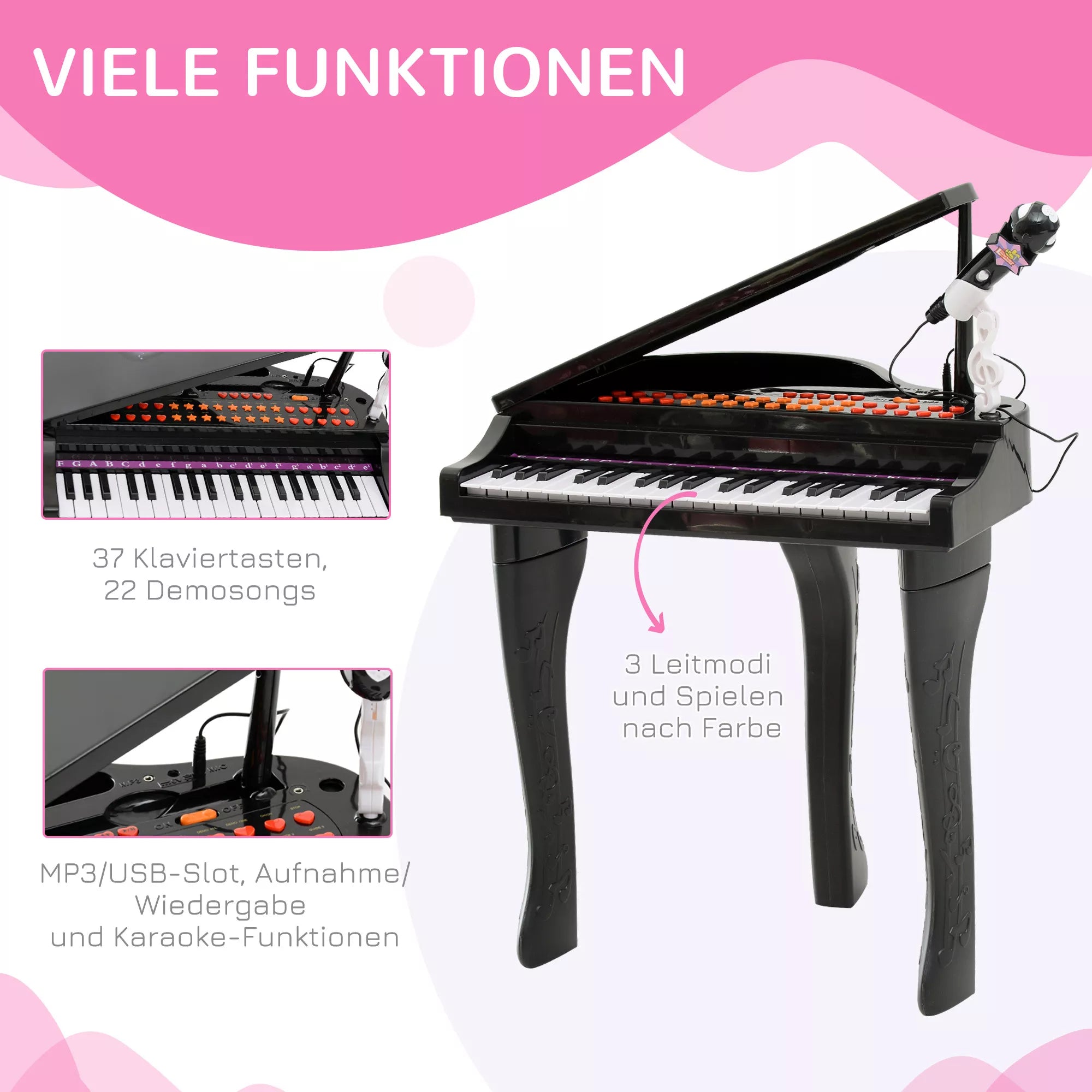 37 klavišų klaviatūra vaikams, pianino taburetė su mikrofonu, LED mokymosi režimas, įrašymas, pianino muzikos instrumentas 3–6 metų vaikams, juodos spalvos
